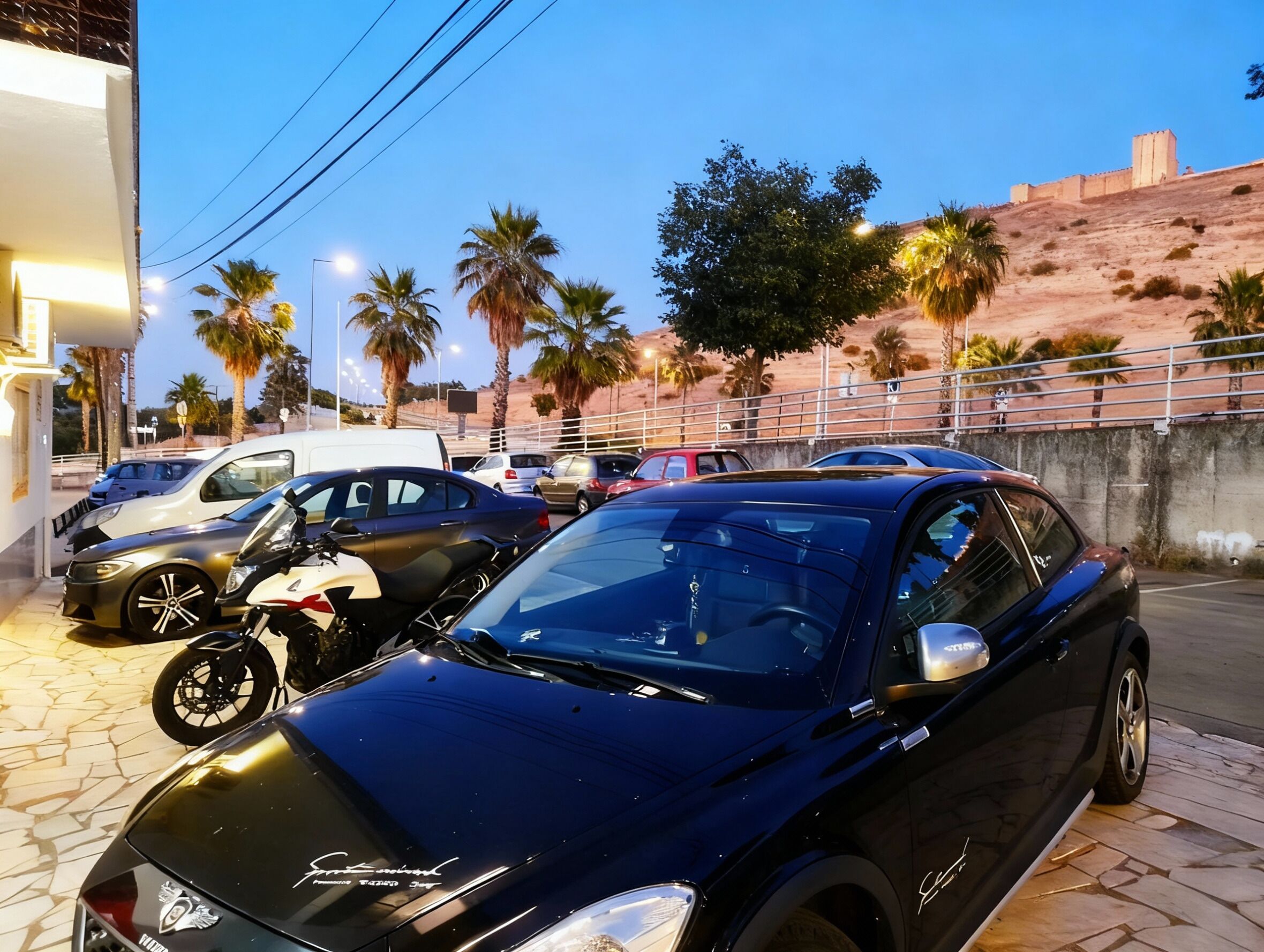 Ein Parkplatz mit mehreren Autos, darunter ein schwarzer Sportwagen, und Palmen im Hintergrund.