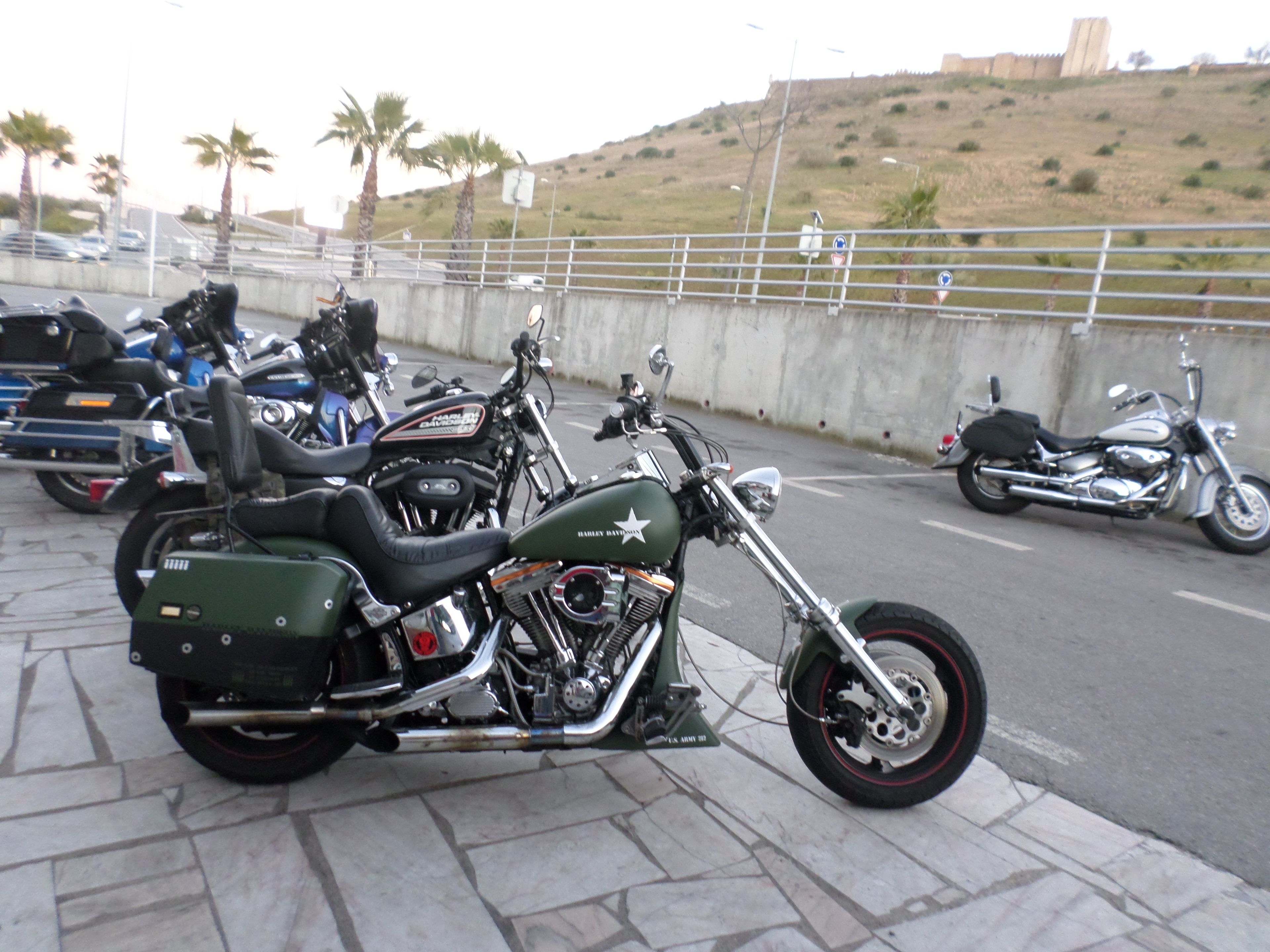 A row of motorcycles parked on a paved area with a concrete barrier and a grassy hill in the background.