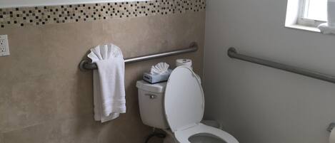 A bathroom with a toilet, a towel rack, and a window.