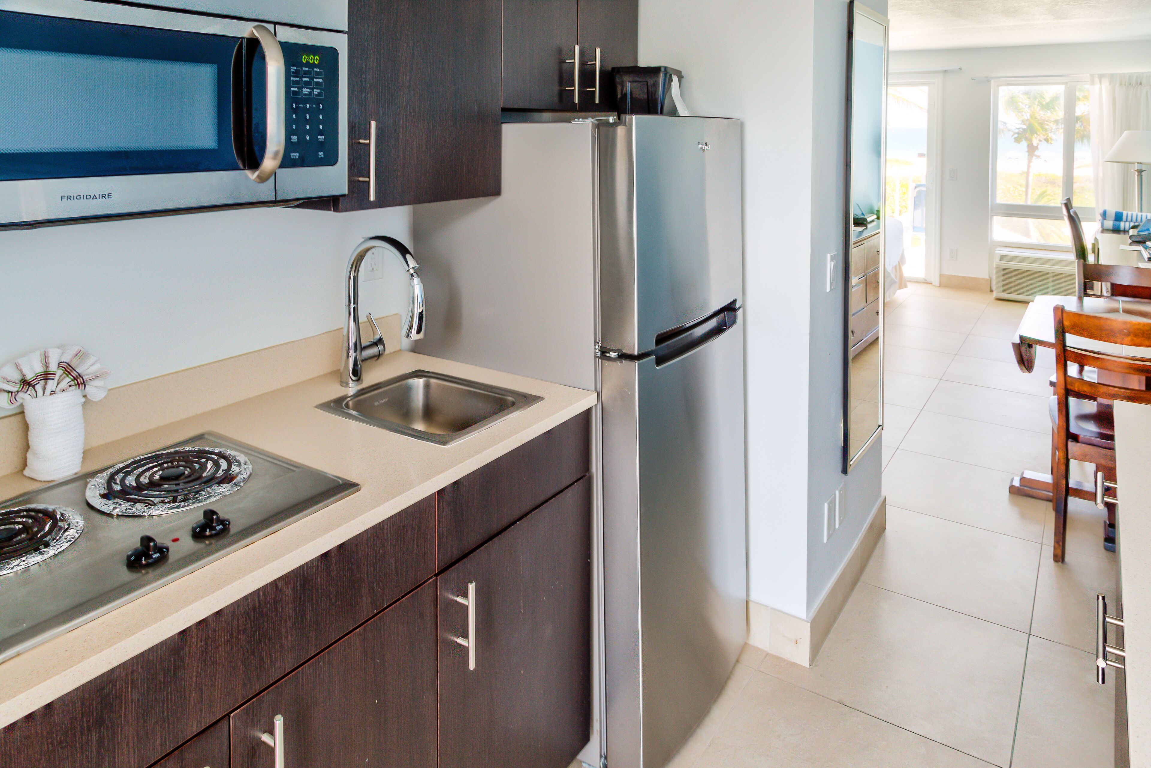 microwave, coffee/tea maker, toaster, freezer