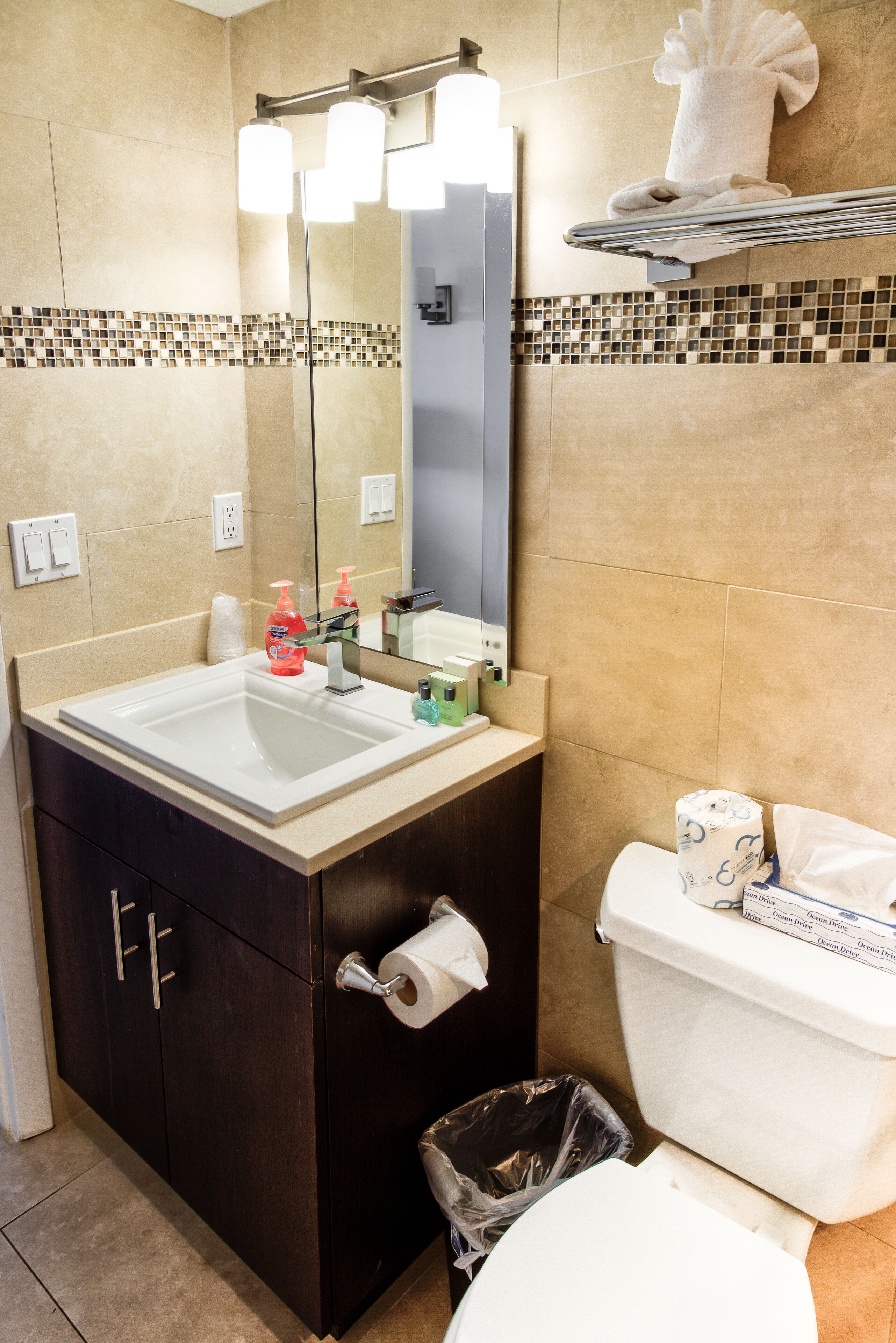 combined shower/bathtub, free toiletries, hair dryer, bathrobes