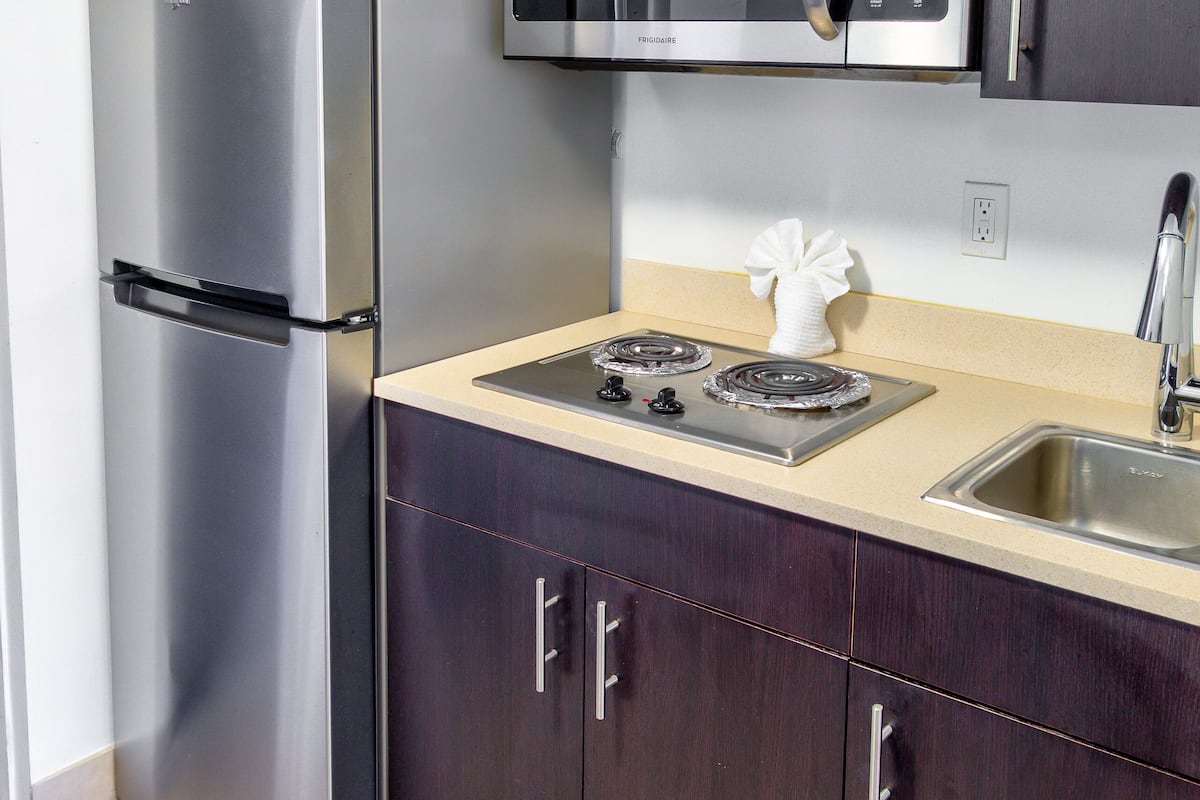 microwave, coffee/tea maker, toaster, freezer