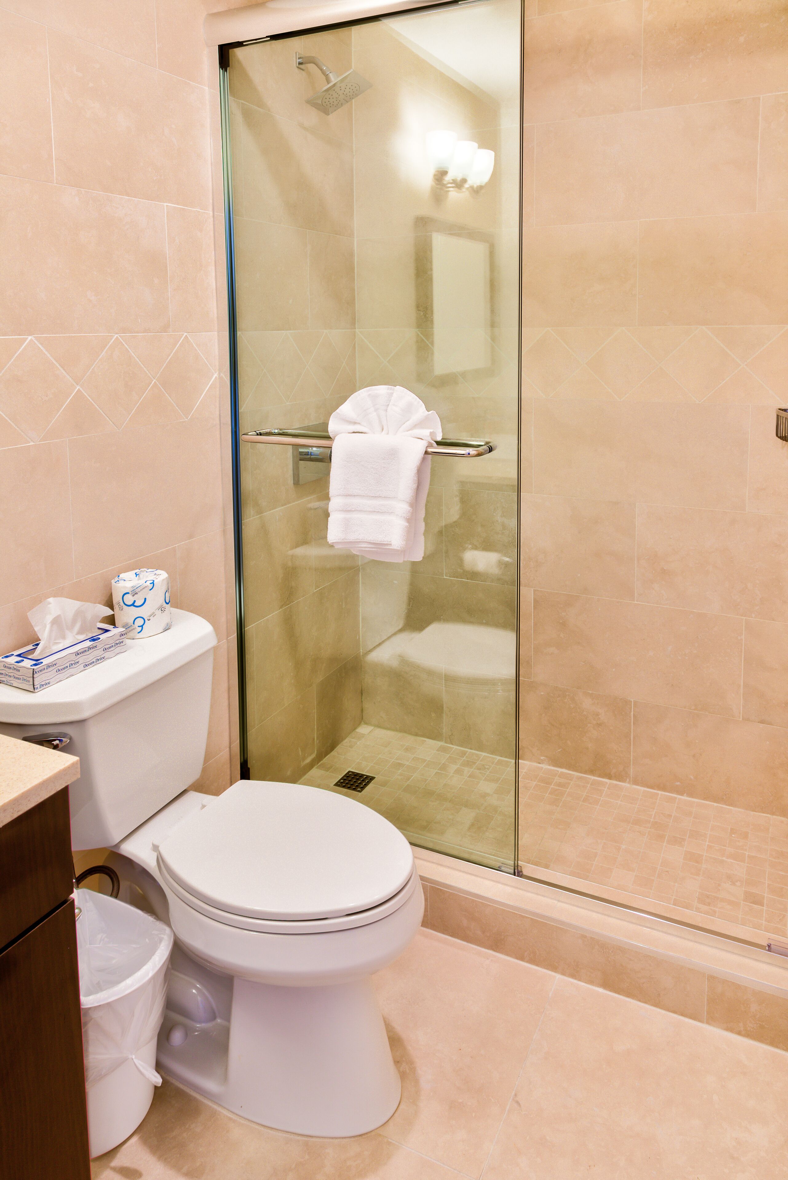 A bathroom with a glass-enclosed shower, a toilet, and a sink.