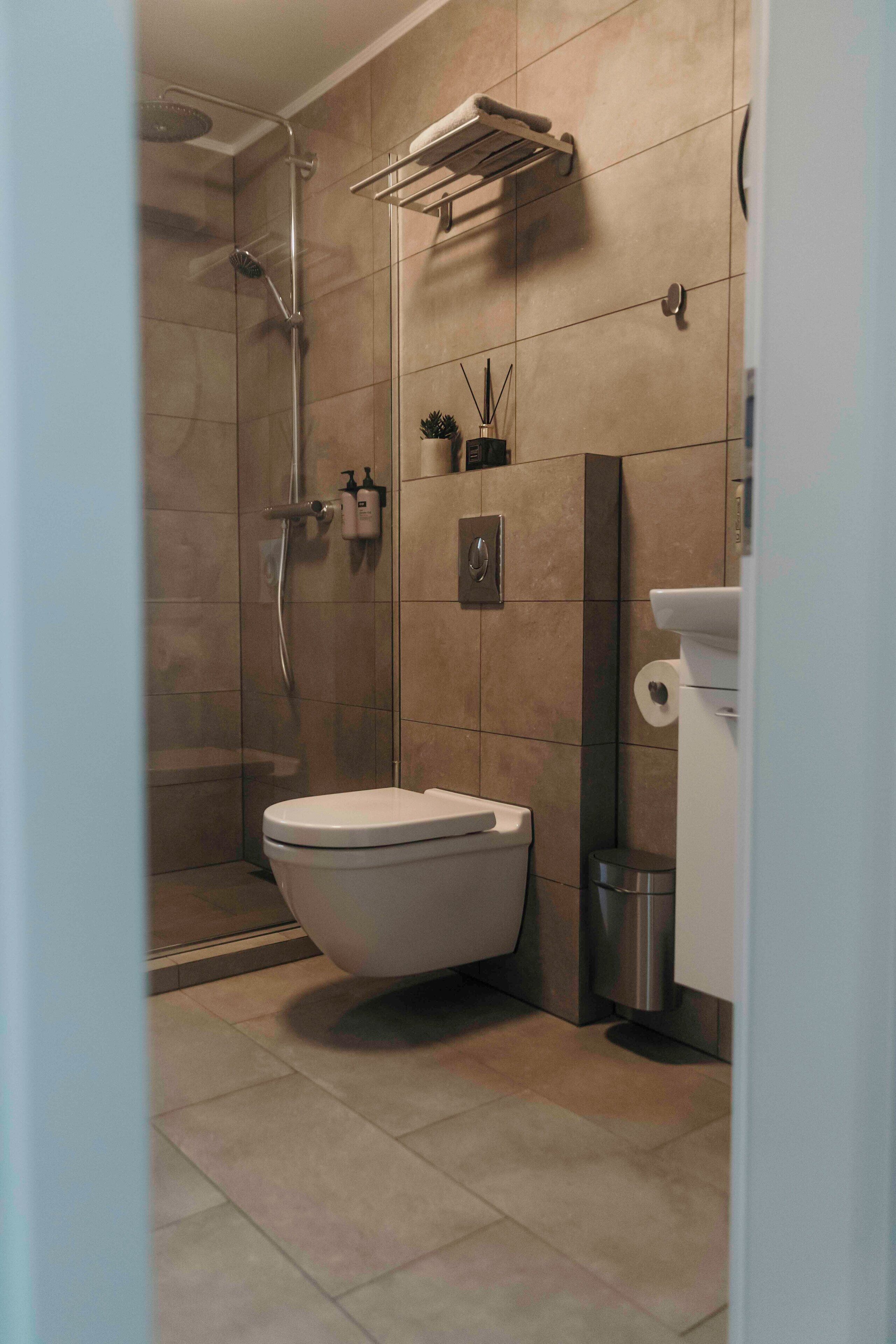 Shower, hair dryer, towels