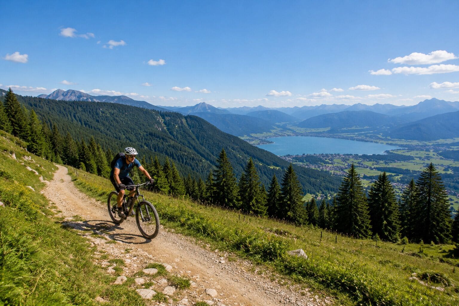 Ein Mountainbiker auf einem Feldweg mit einem schönen Blick auf einen See und Berge.
