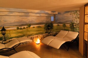 Steam room, facials, manicures and pedicures