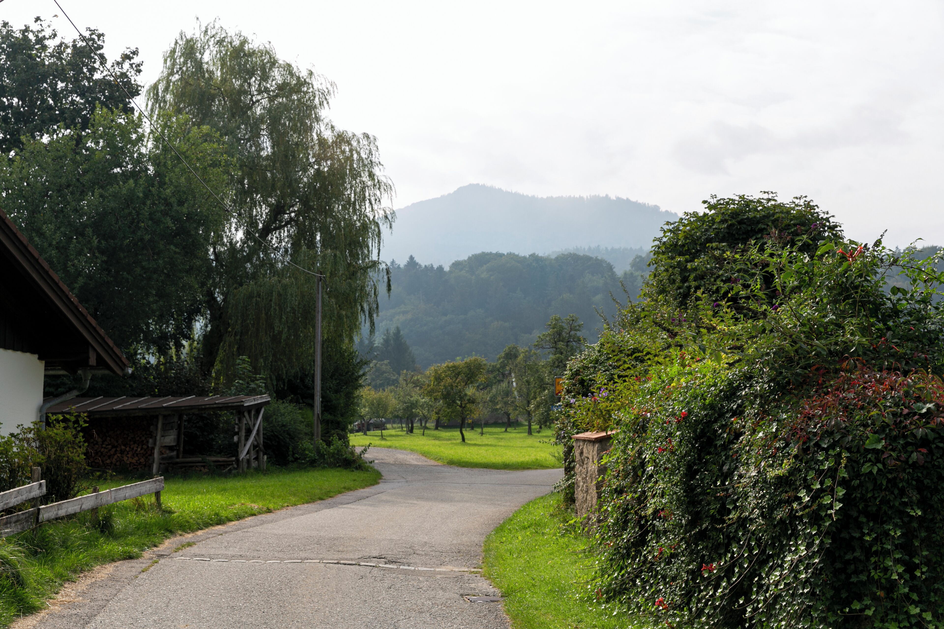 A rural road with a stone wall on the right and a wooden structure on the left.