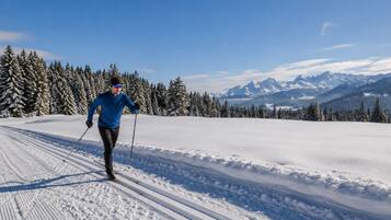 Une personne pratiquant le ski de fond sur une piste enneigée, avec un paysage montagneux en arrière-plan.