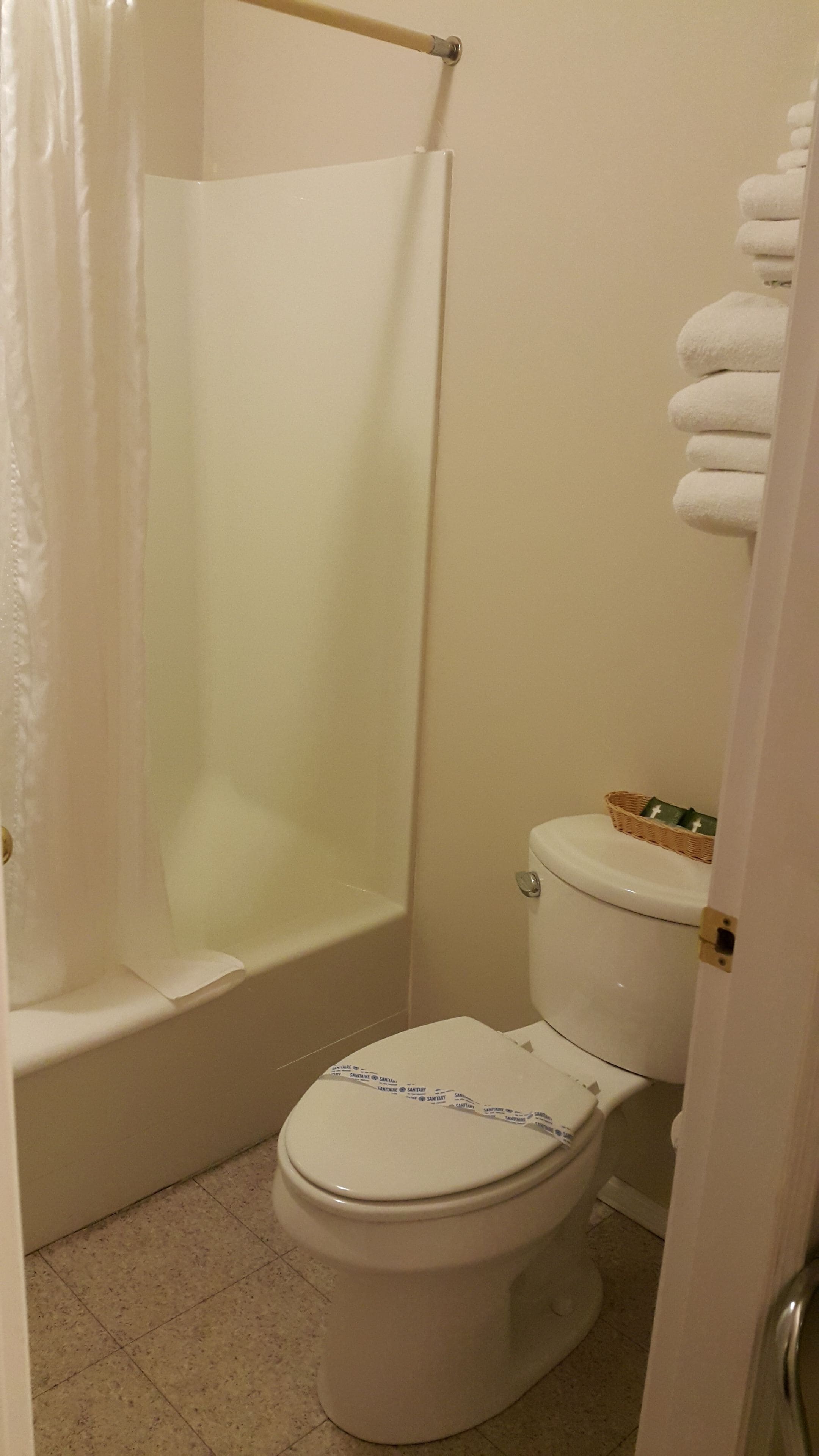 Une salle de bain avec douche, toilettes et un panier contenant des articles de toilette.