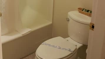 Une salle de bain avec douche, toilettes et un panier contenant des articles de toilette.