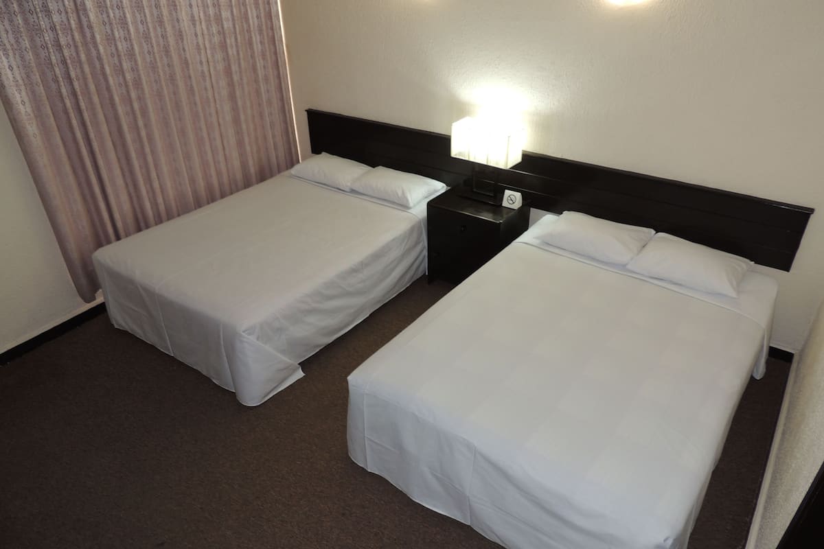Habitación de hotel con dos camas individuales, una mesita de noche con lámpara y ventana con cortinas.