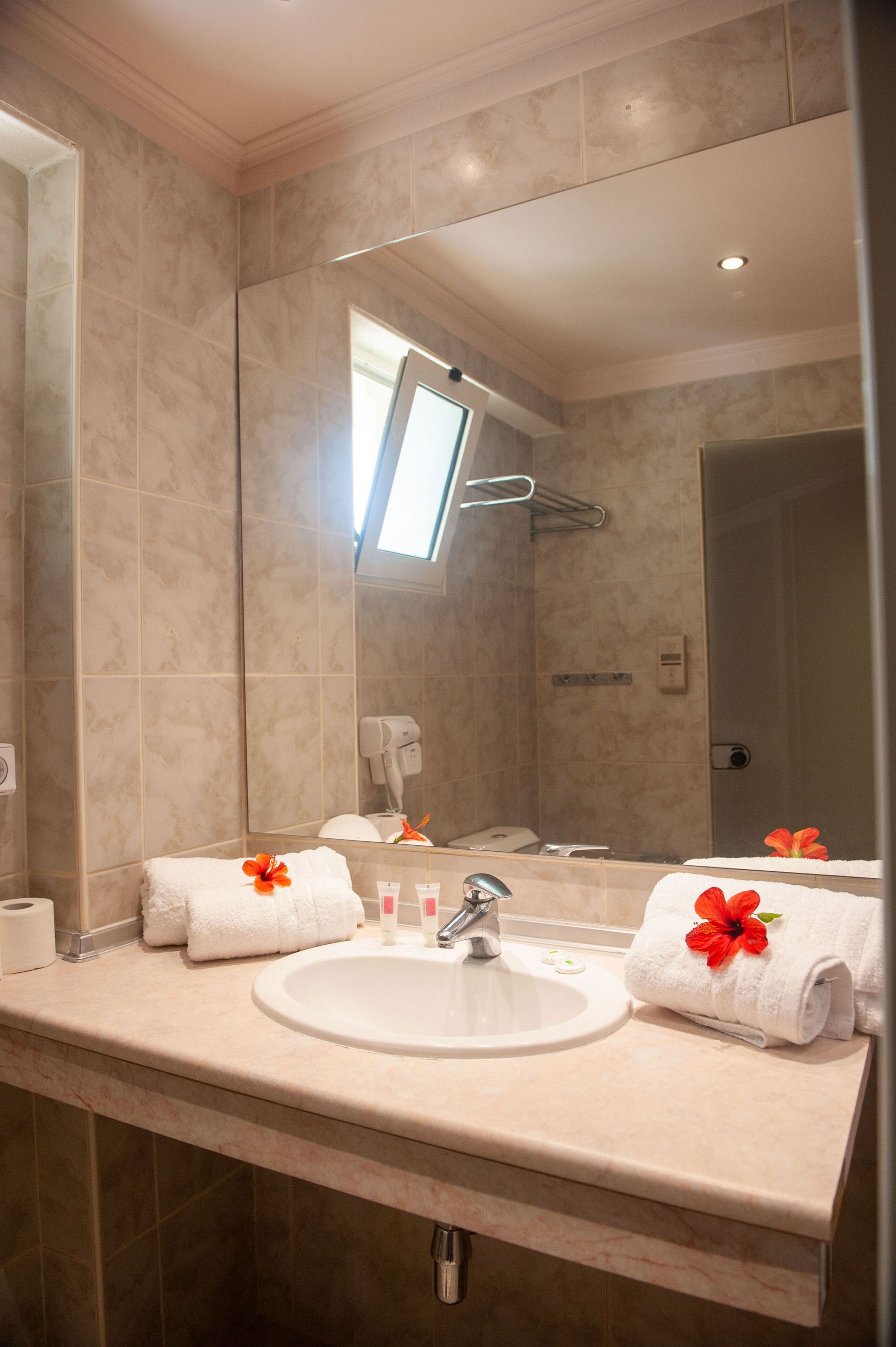 Un baño con un espejo grande, un lavabo y una zona de ducha.