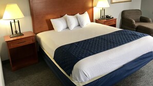 Habitación de hotel con una cama grande, dos mesitas de noche con lámparas, una silla y un cuadro en la pared.