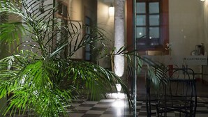 Un suelo a cuadros, una columna de vidrio y una planta en primer plano.