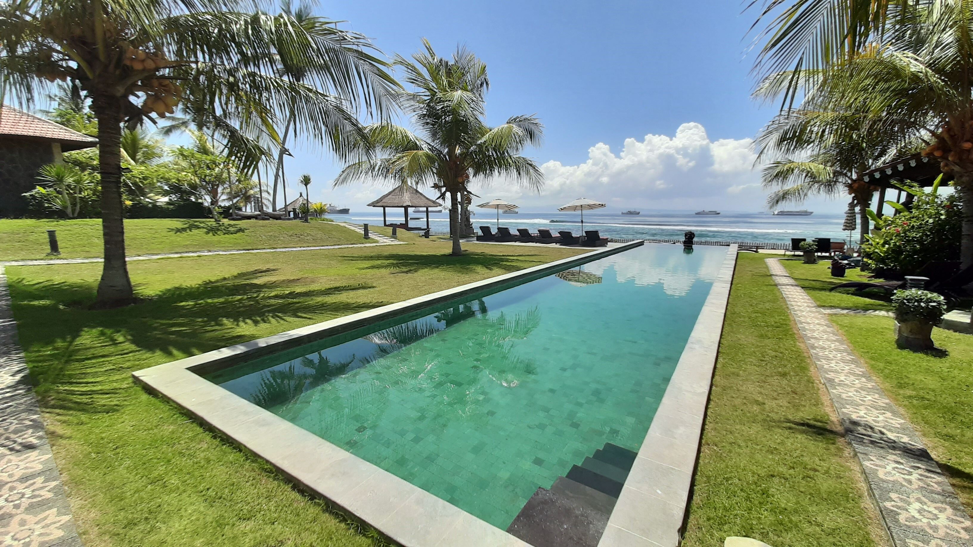 A rectangular infinity pool with clear water, surrounded by well-maintained grass and palm trees.