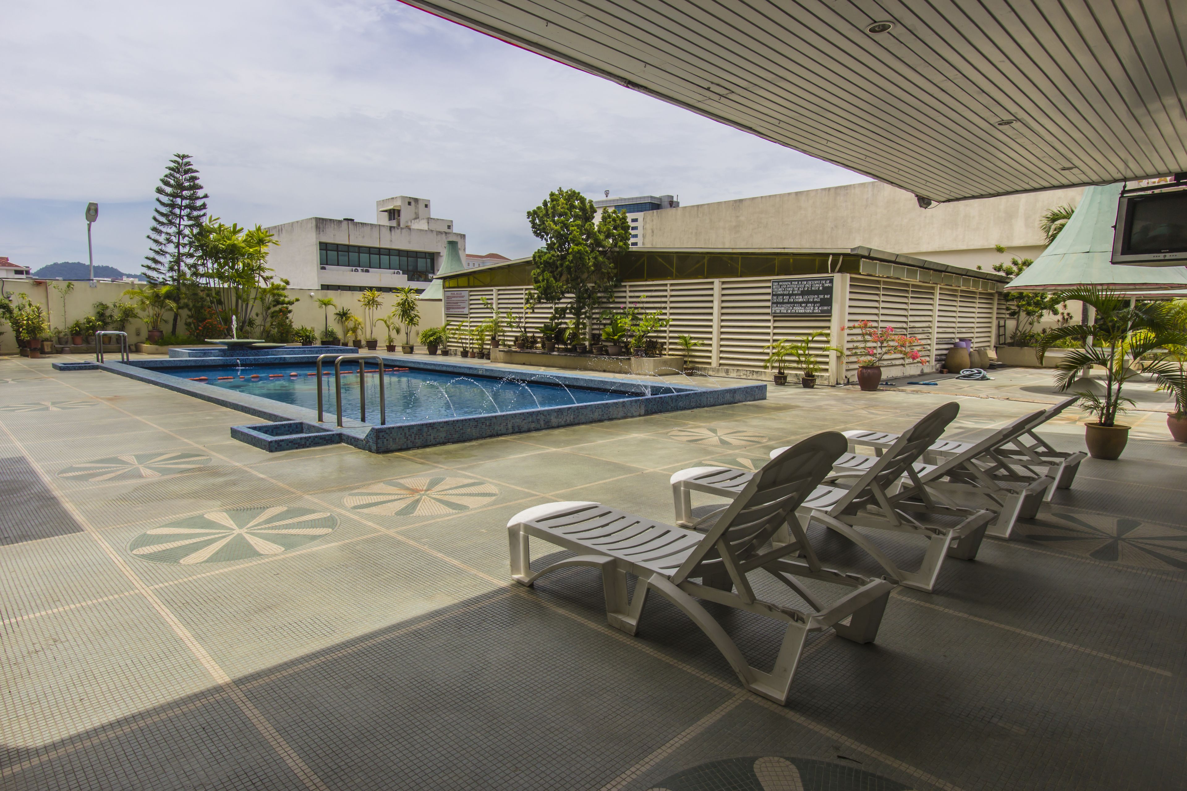 Un área de piscina en la azotea con sillas de descanso y plantas en macetas.