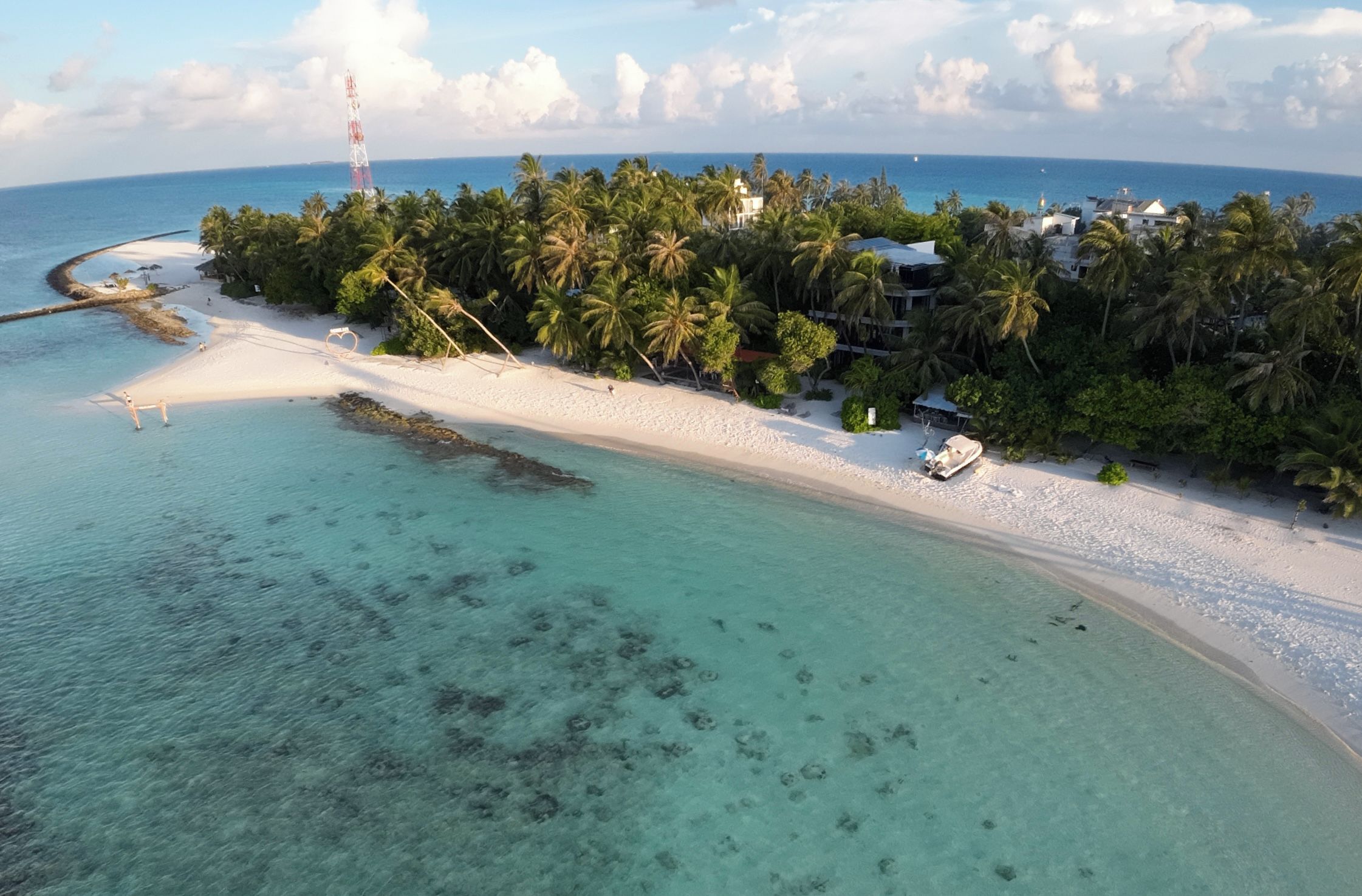 A tropical beach with clear turquoise waters, a sandy shore, and dense palm trees.