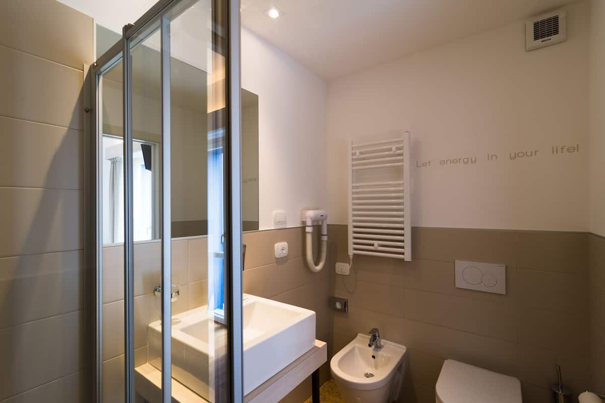 single room | bathroom | shower, hair dryer, bidet, towels