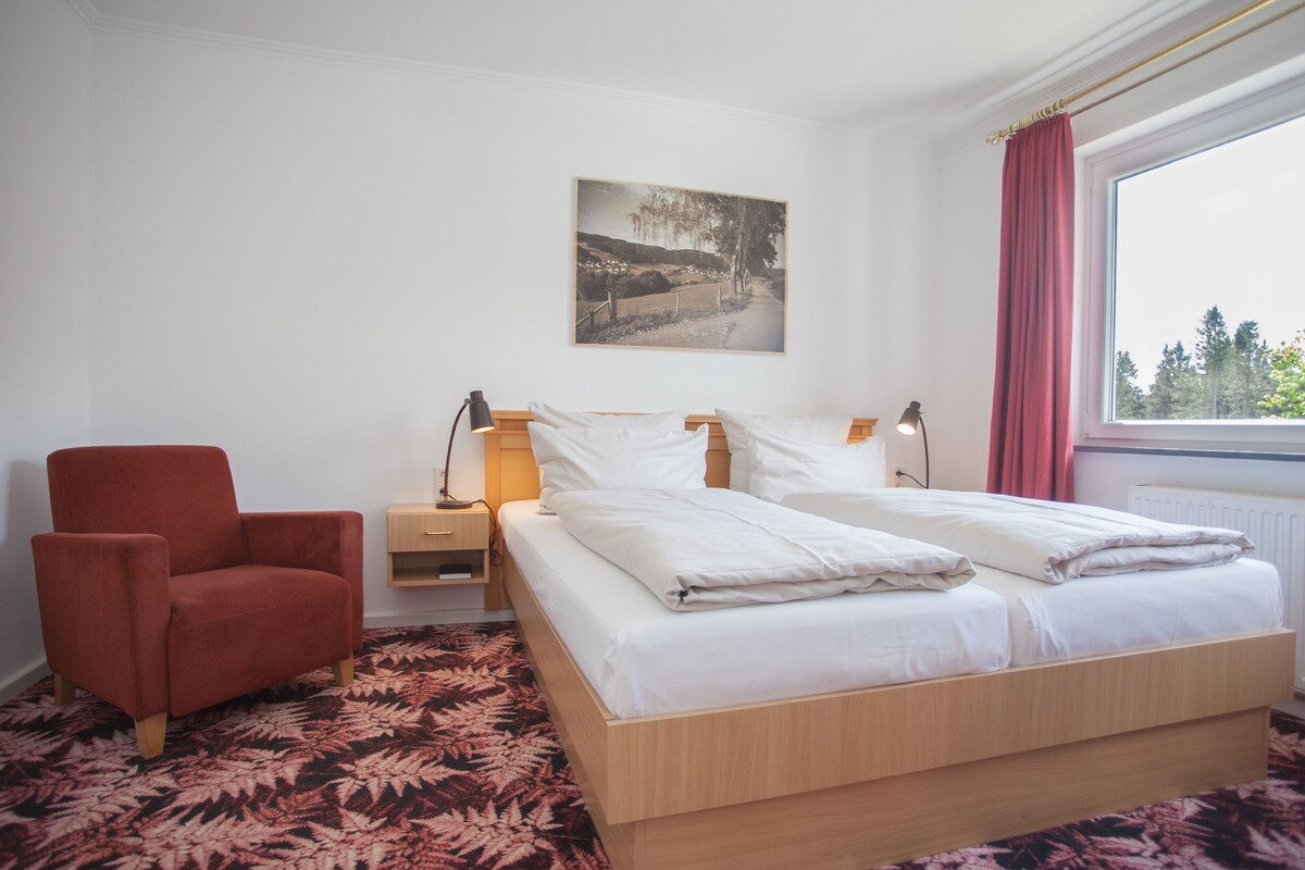 A hotel room with a large bed, a red armchair, a nightstand with a lamp, and a window with a view of trees.