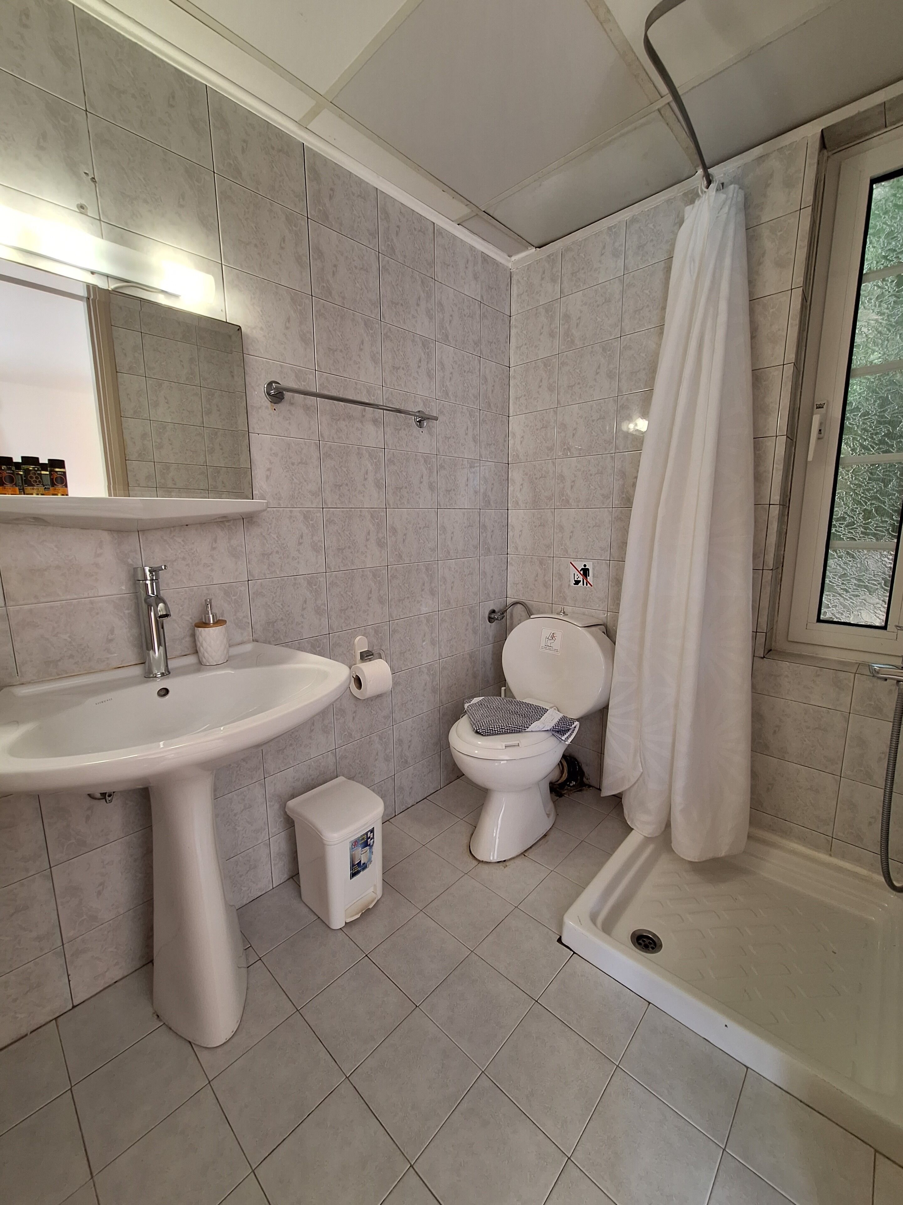 Une salle de bain moderne équipée d’un lavabo, de toilettes et d’une douche.