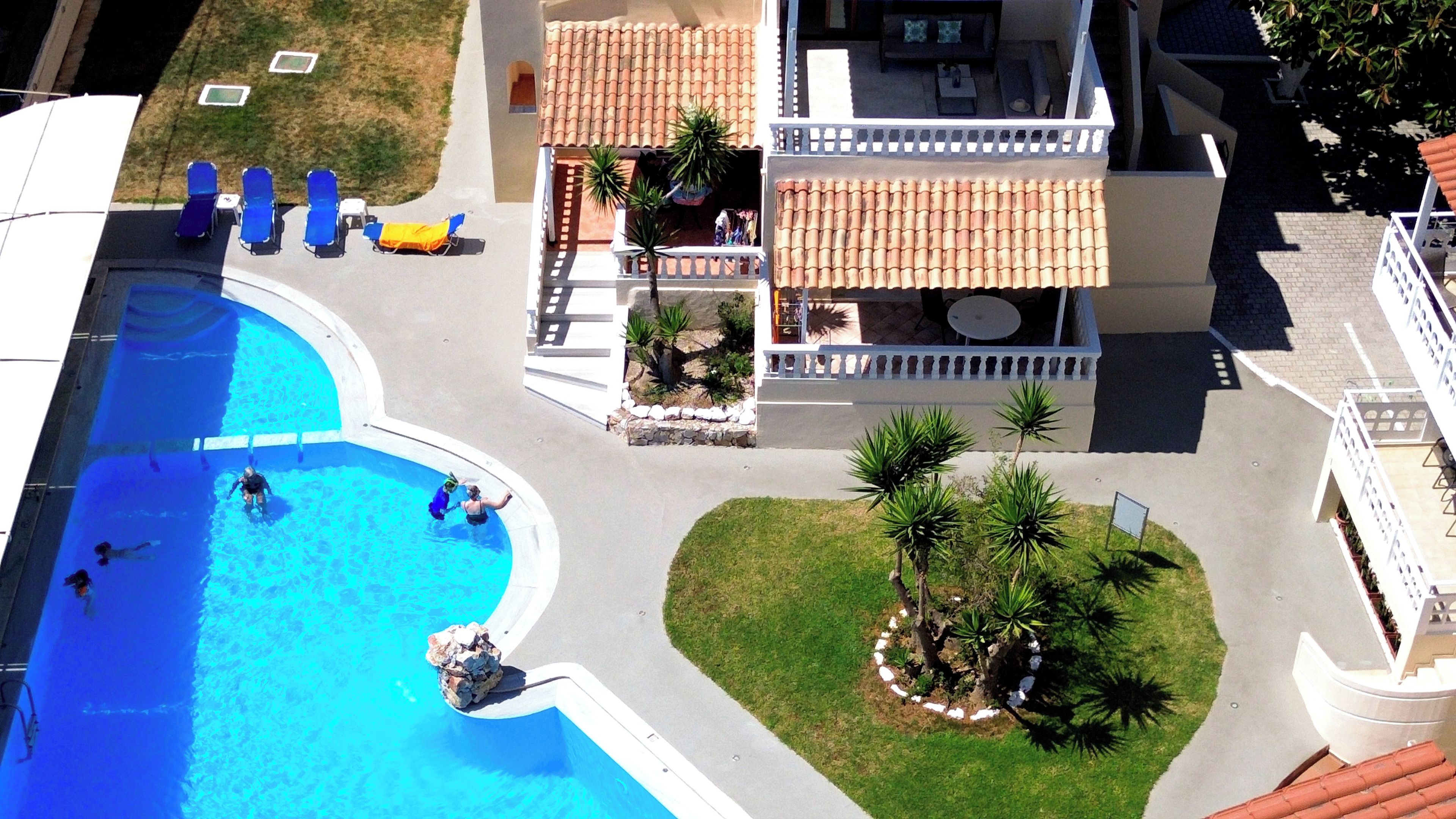 A swimming pool with a curved edge, a patio area with lounge chairs, and a small garden with palm trees.