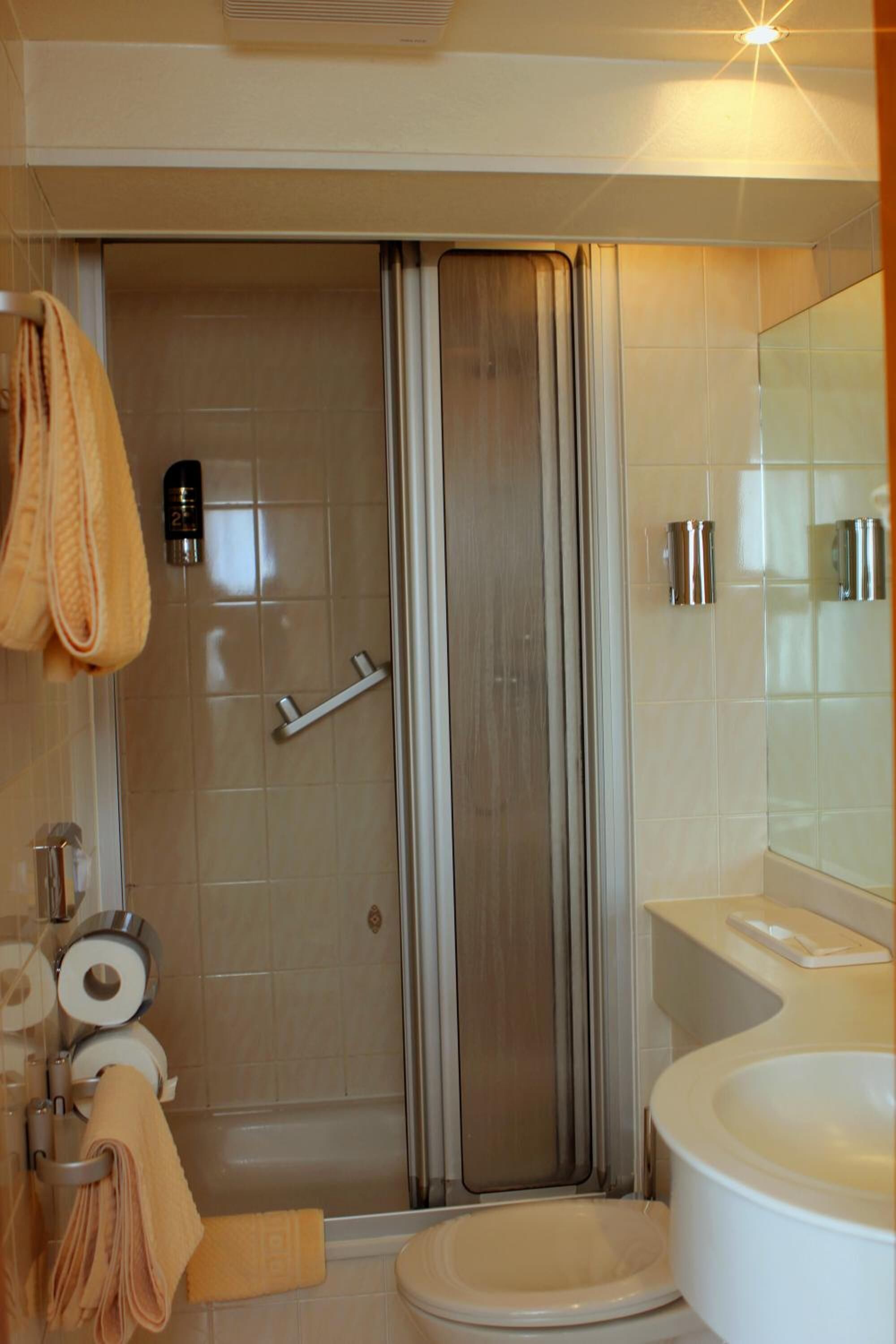 A modern bathroom with a shower, toilet, and sink.