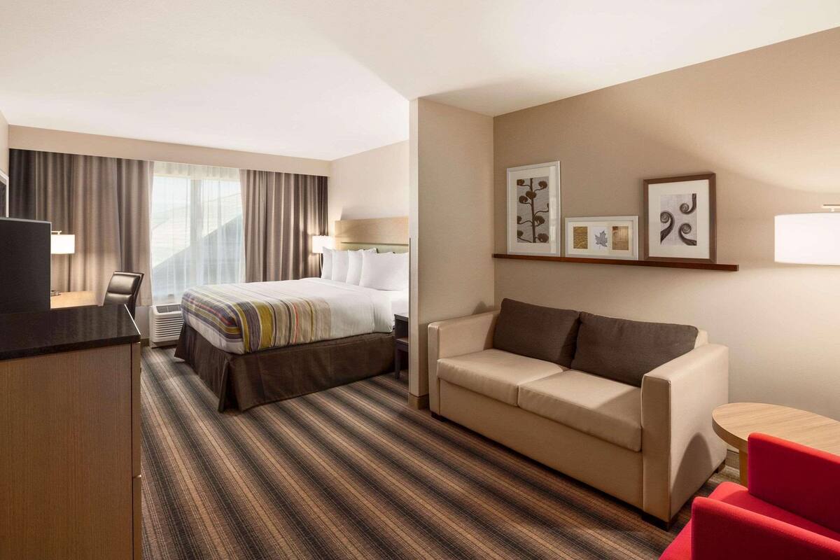 A hotel room with a bed, a sofa, a desk, and a TV.