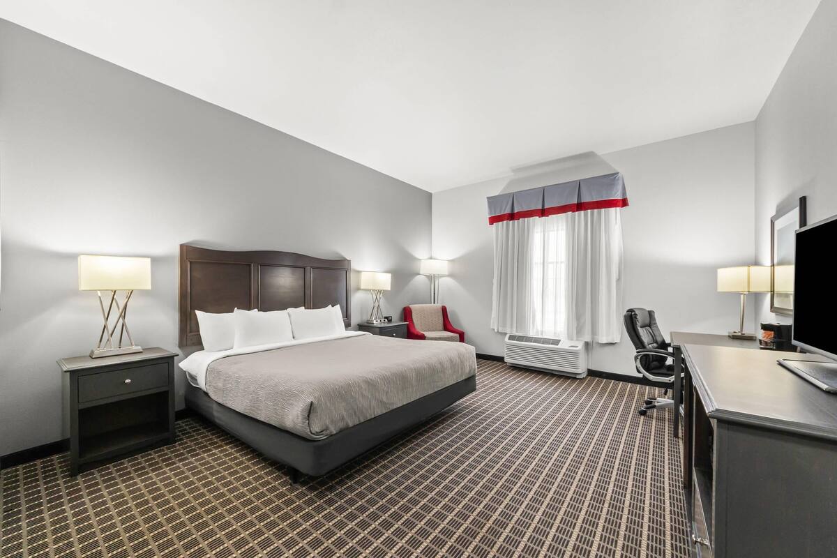 Une chambre d’hôtel avec un grand lit, deux tables de chevet avec des lampes, un bureau avec une chaise, une télévision et une fenêtre avec des rideaux.