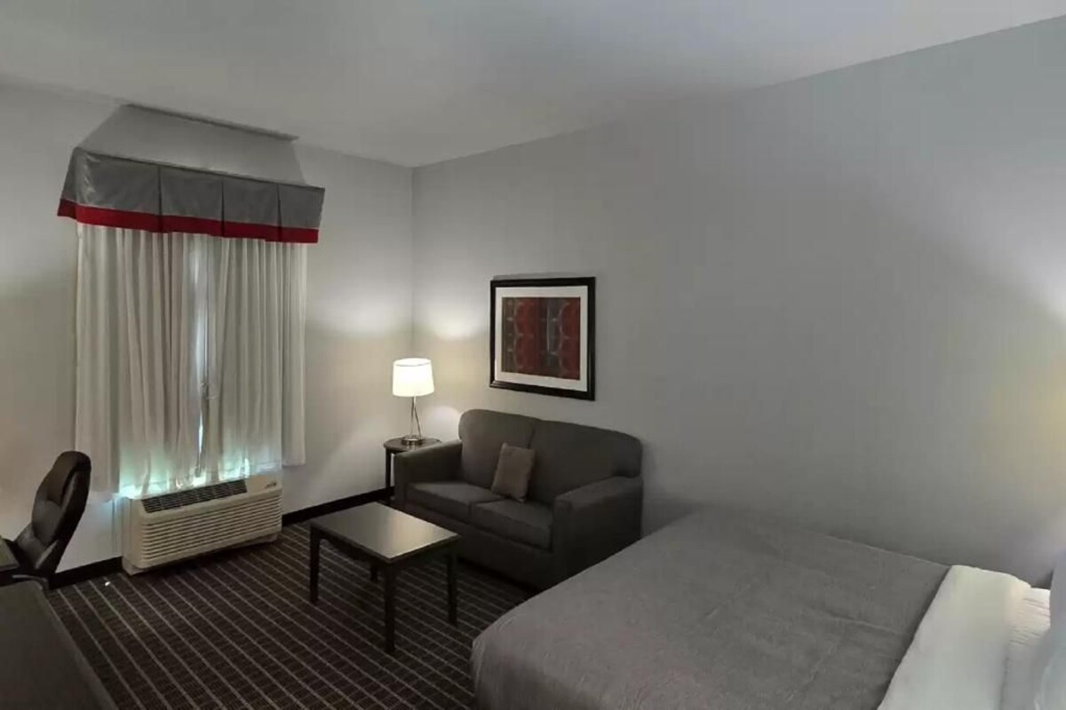 A hotel room with a bed, a sofa, a desk, a chair, a lamp, a picture on the wall, and a window with curtains.