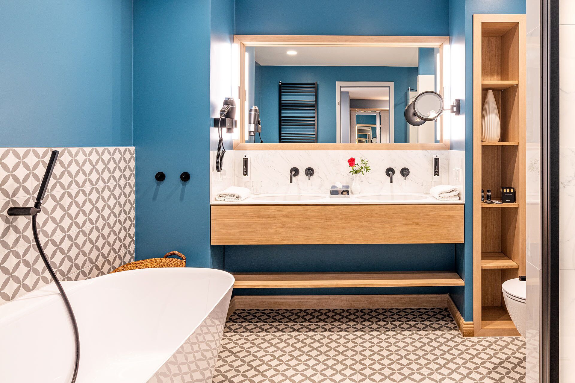 free toiletries, hair dryer, bathrobes, towels