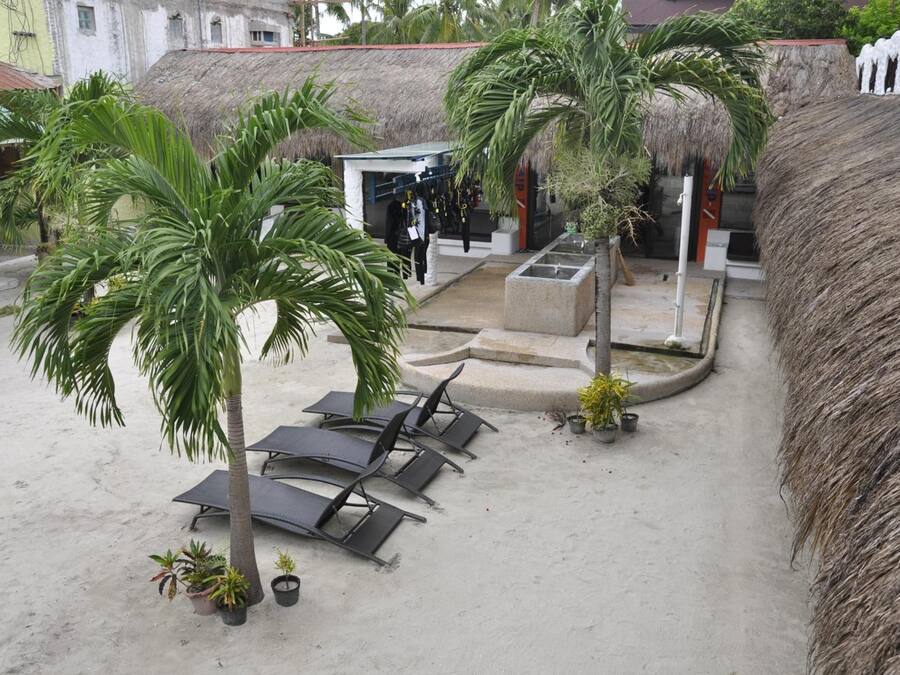 Zona de playa con construcciones de techo de paja, palmeras y sillas de descanso.