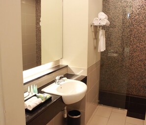 Executive Studio Suite, 1 King Bed, City View | Bathroom | Shower, free toiletries, hair dryer, bathrobes