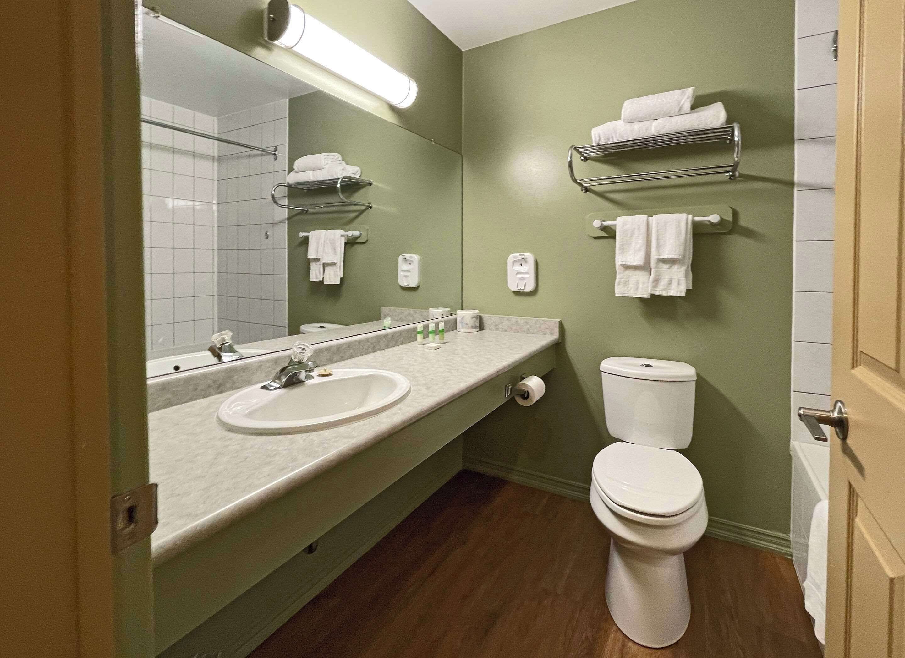 Un bagno con lavandino, specchio, water e porta asciugamani.