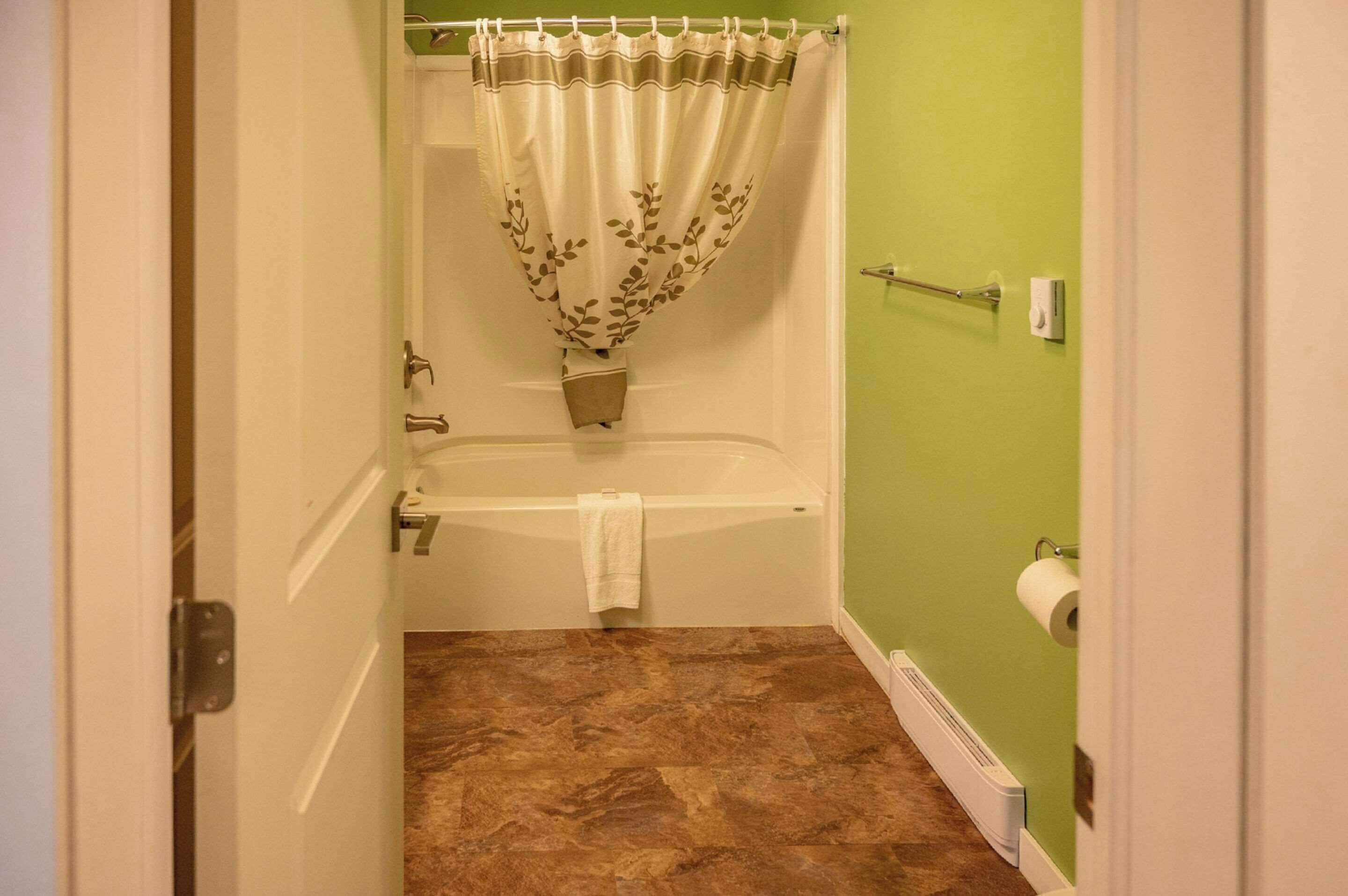 Un baño con bañera, cortina de ducha, toalla, soporte para papel higiénico y radiador.