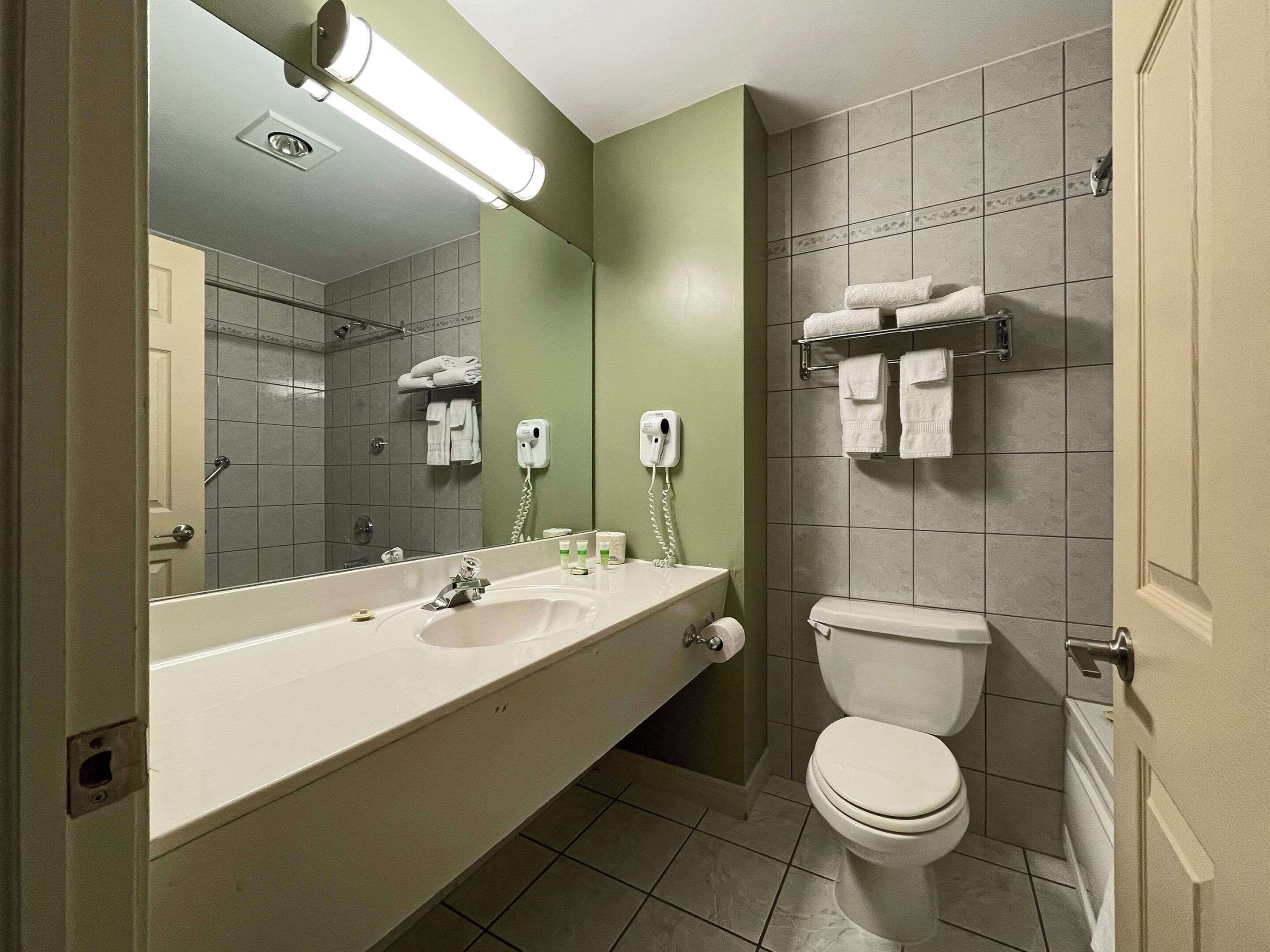 Une salle de bain avec un lavabo, un miroir et des toilettes.