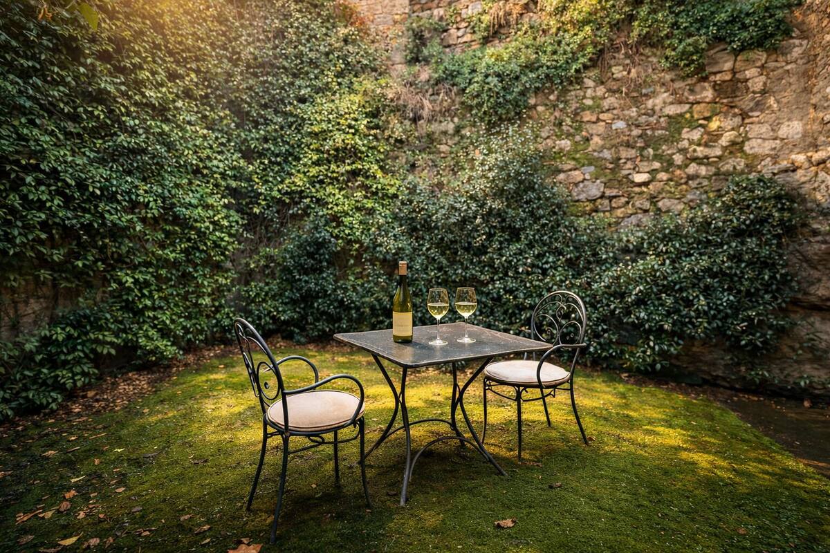 Une table avec deux chaises et une bouteille de vin, dans un jardin agrémenté d’un mur de pierre et d’une végétation luxuriante.