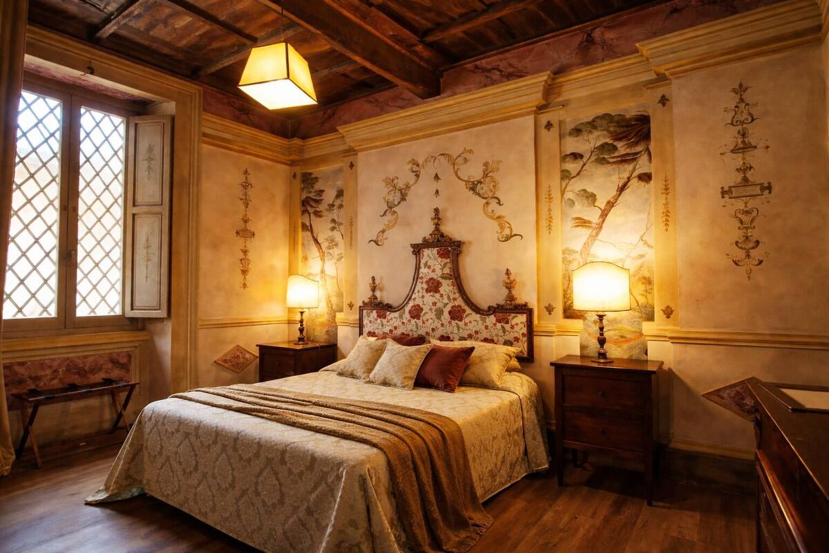 Une chambre au style classique, dotée d’un grand lit, de poutres apparentes et de motifs floraux sur les murs.