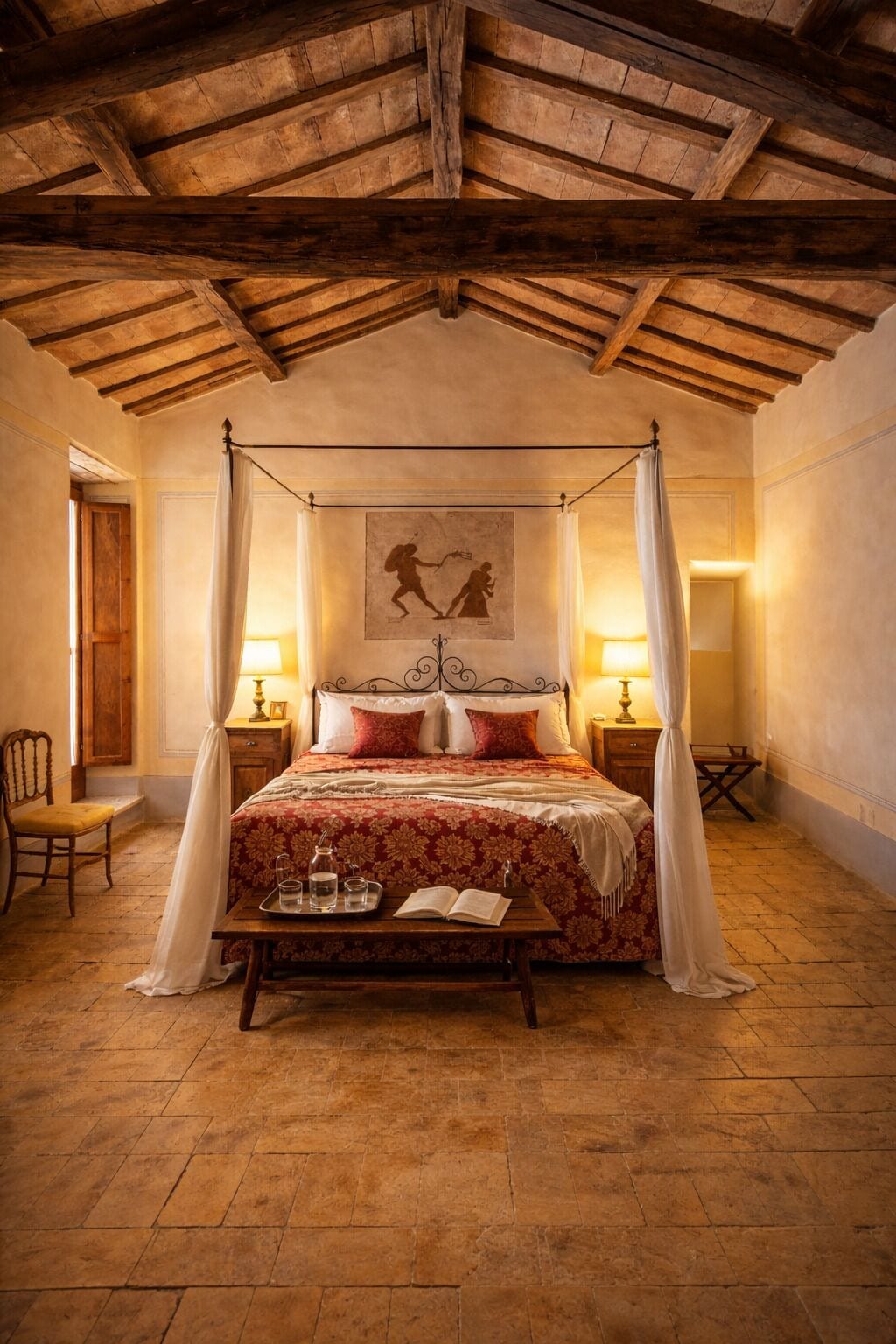A traditional bedroom with a four-poster bed, a wooden ceiling, and a stone floor.