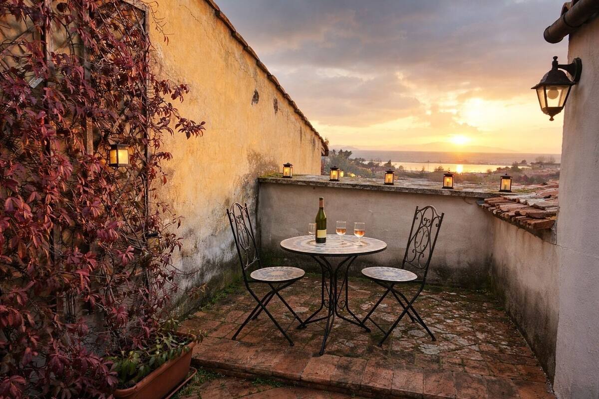 Une terrasse avec une table et des chaises, une bouteille de vin et une vue sur le coucher de soleil au-dessus d’une étendue d’eau.