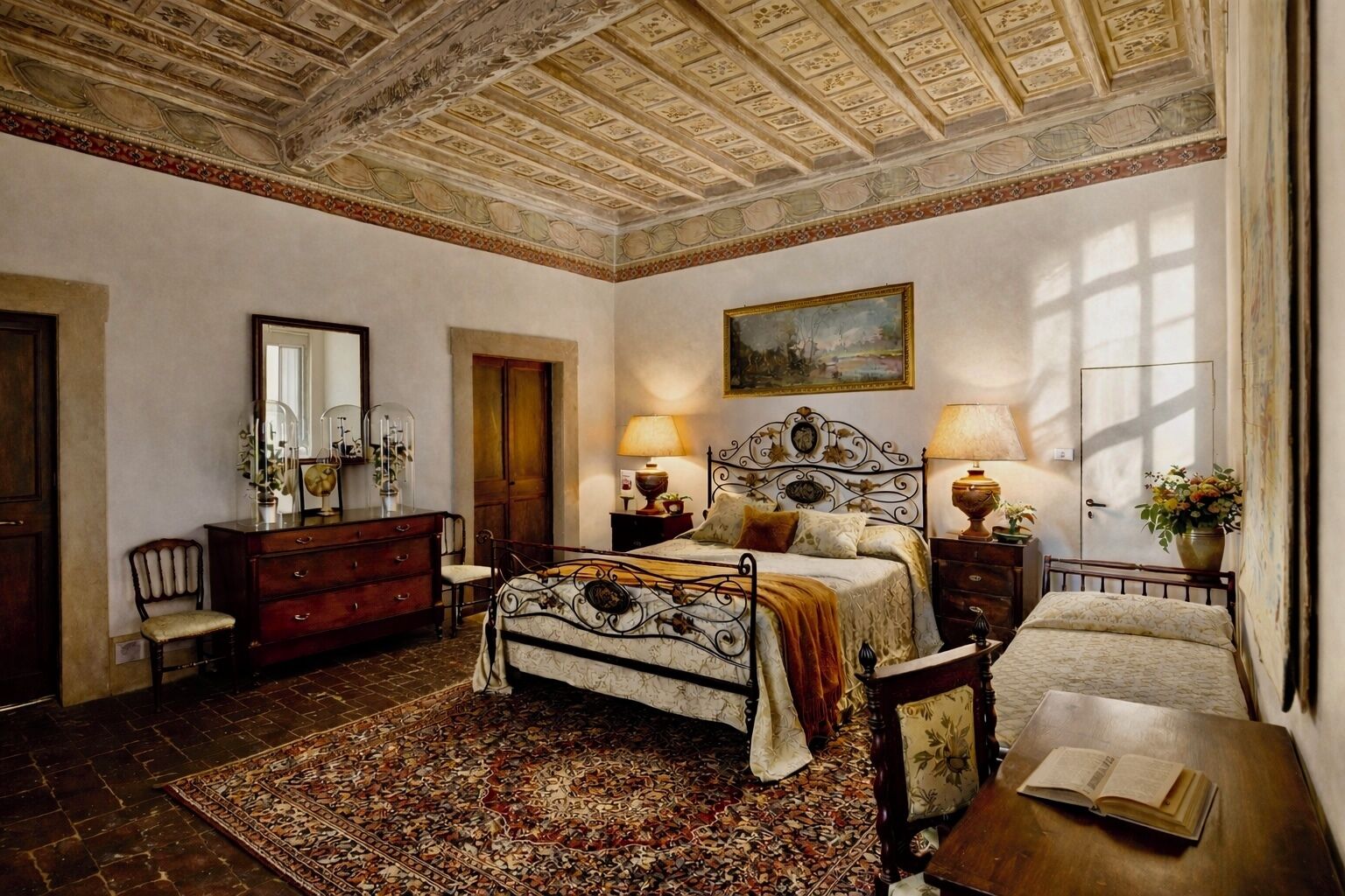 A bedroom with a large bed, two bedside tables with lamps, a dresser, a chair, a mirror, and a painting on the wall.