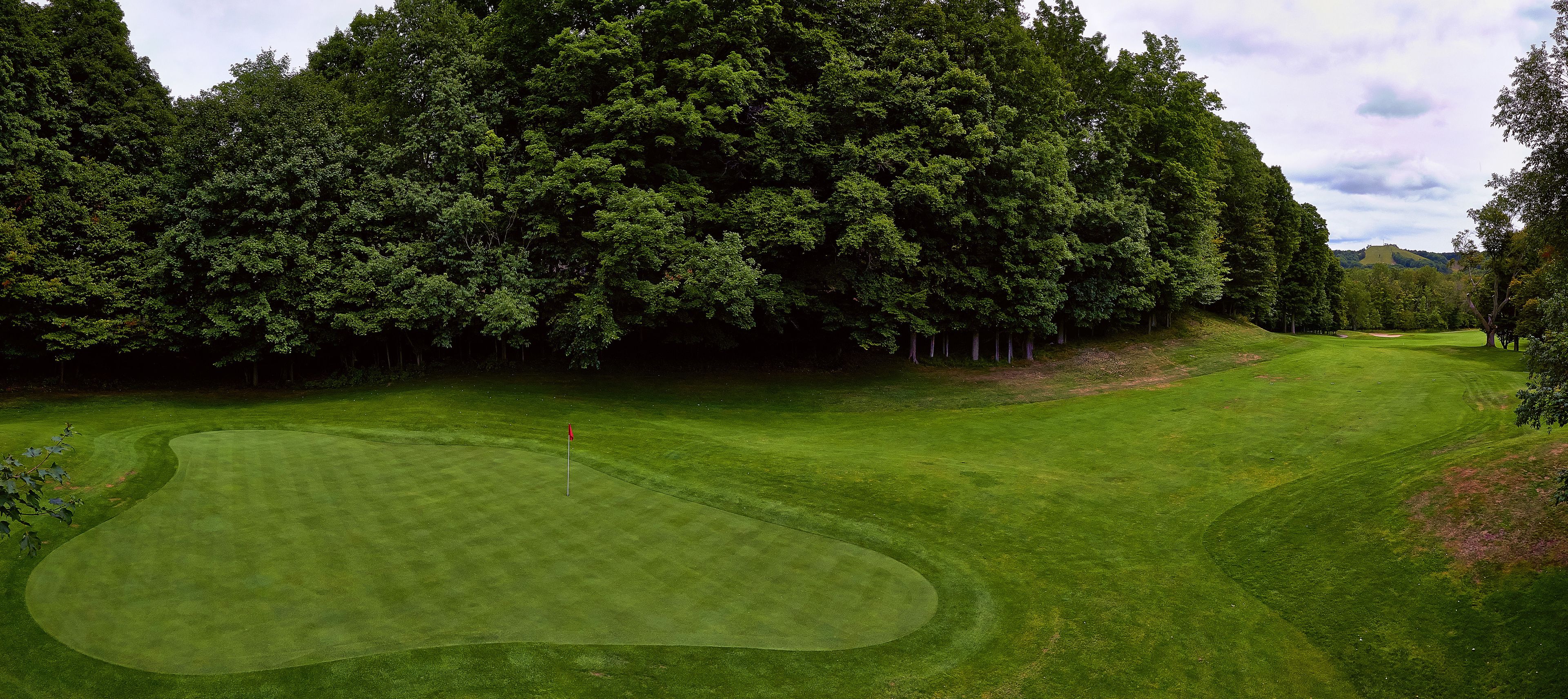 A golf course surrounded by dense trees.