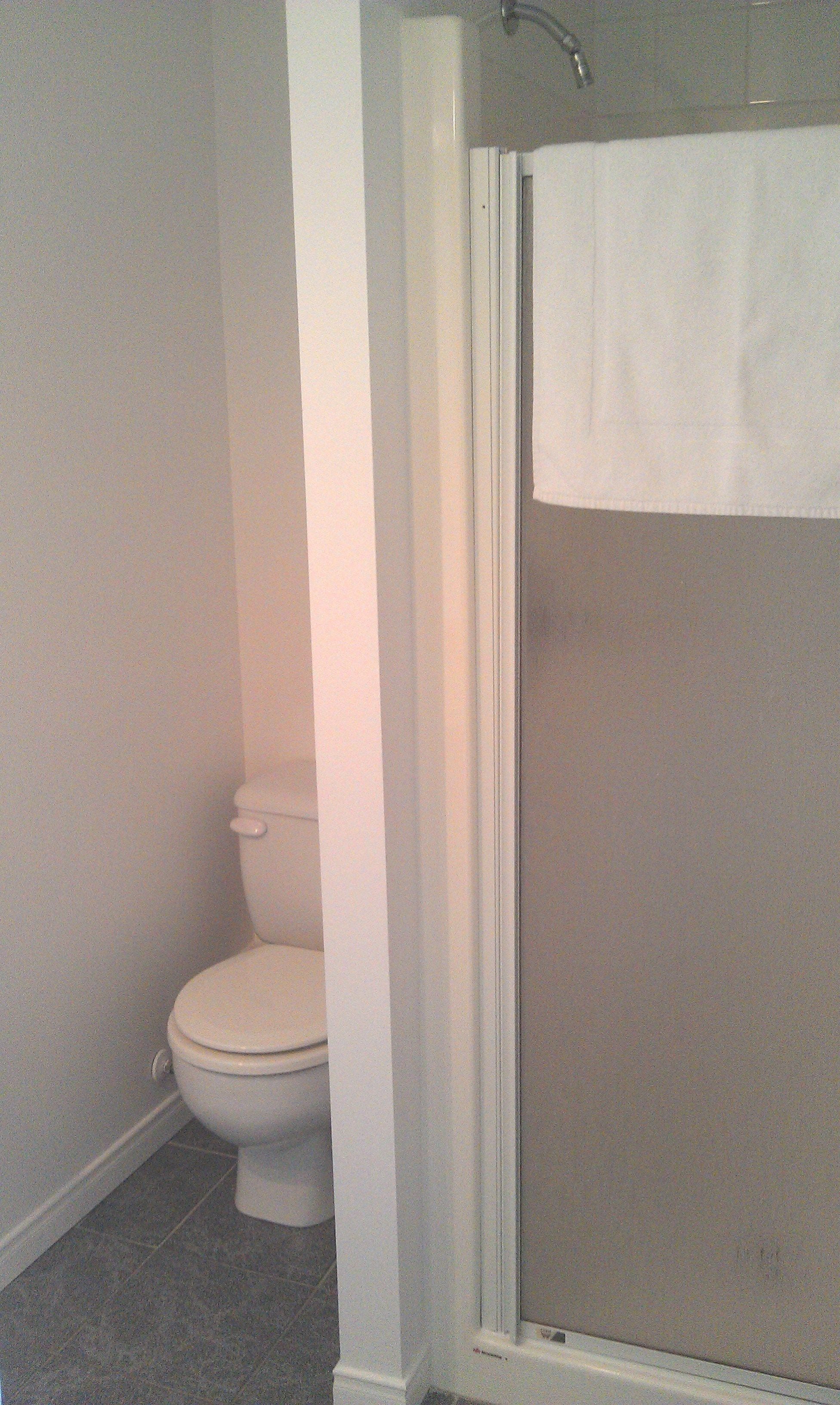 Une salle de bain comprenant des toilettes, un espace douche doté d’une porte en verre, et une serviette accrochée à la porte de la douche.