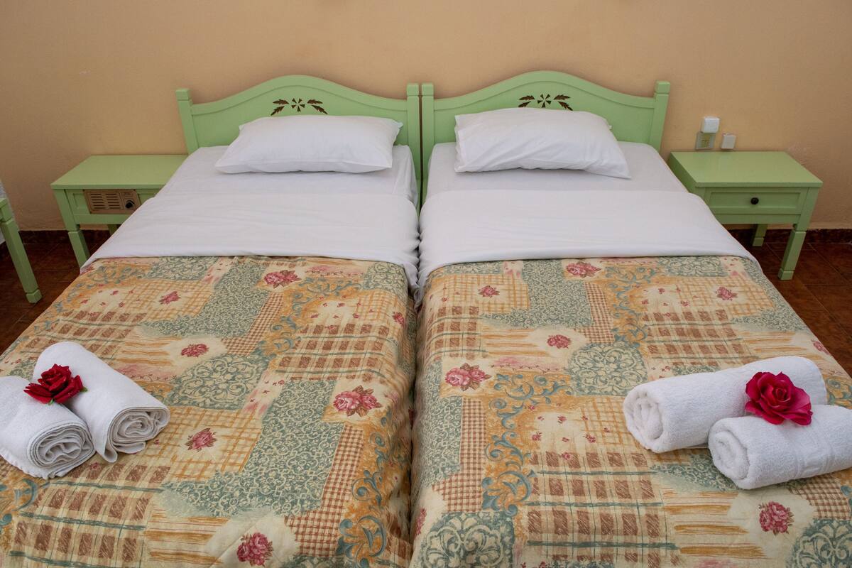 A twin room with two beds, each with a green headboard, white linens, and floral-patterned bedding. There are two nightstands with green sides, each with a small table and a lamp.