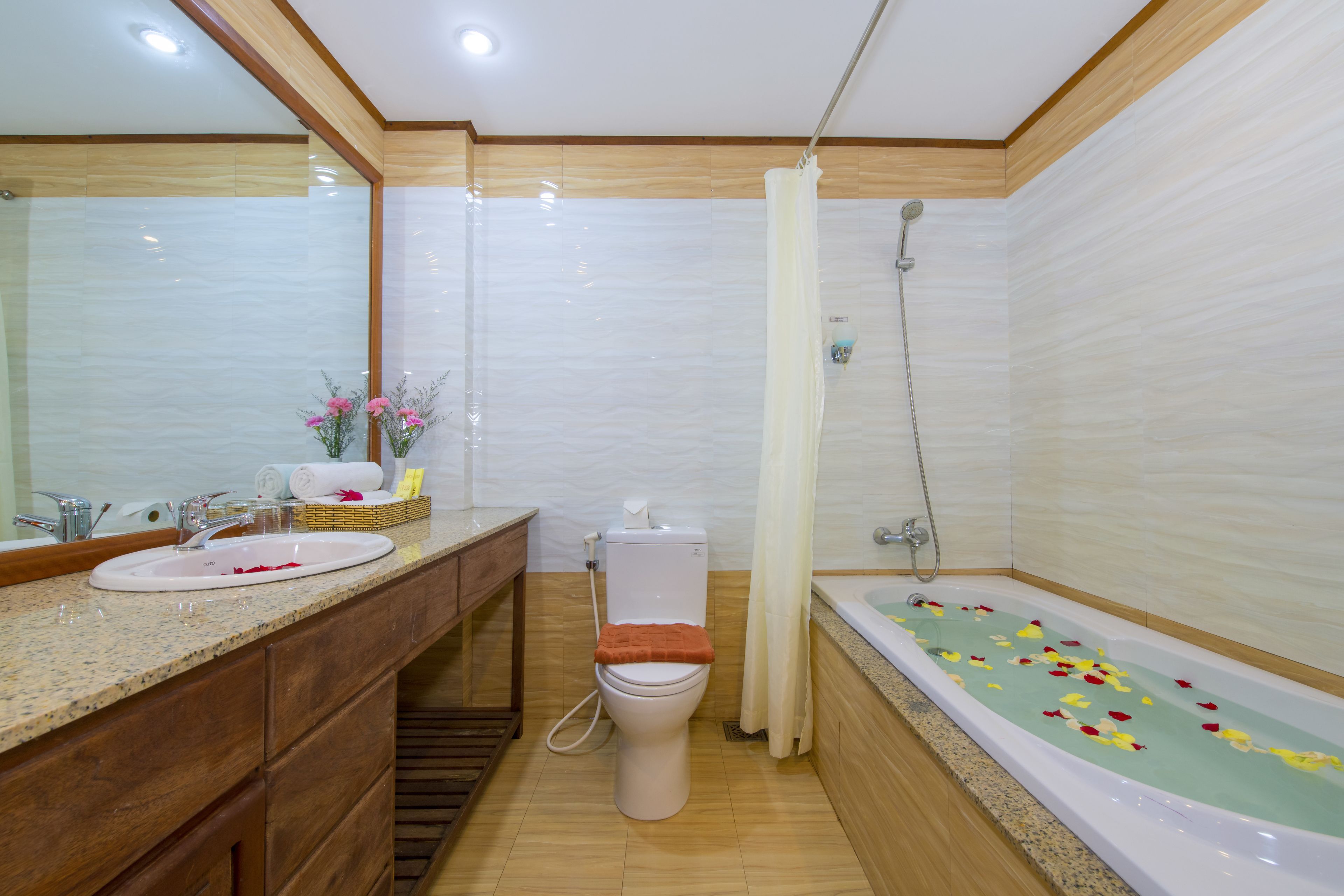 free toiletries, hair dryer, bathrobes, slippers