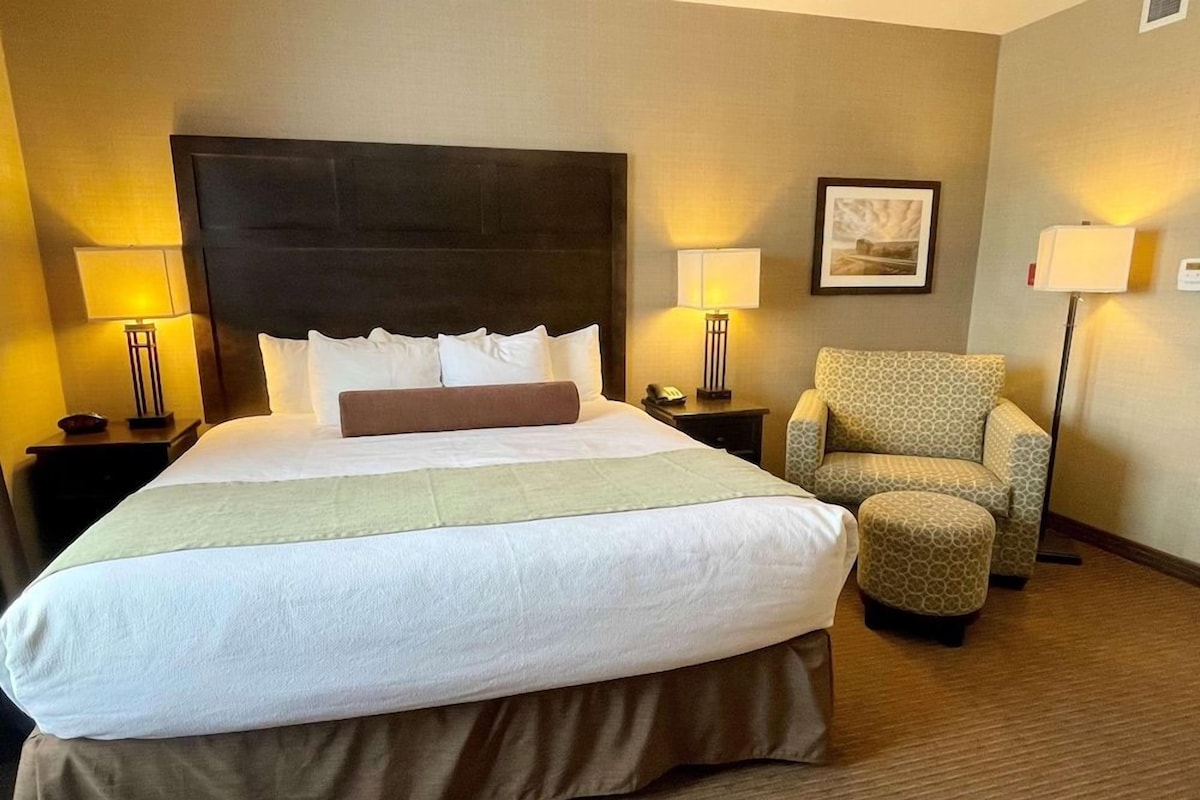A hotel room with a large bed, two bedside tables, a chair, and a framed picture on the wall.