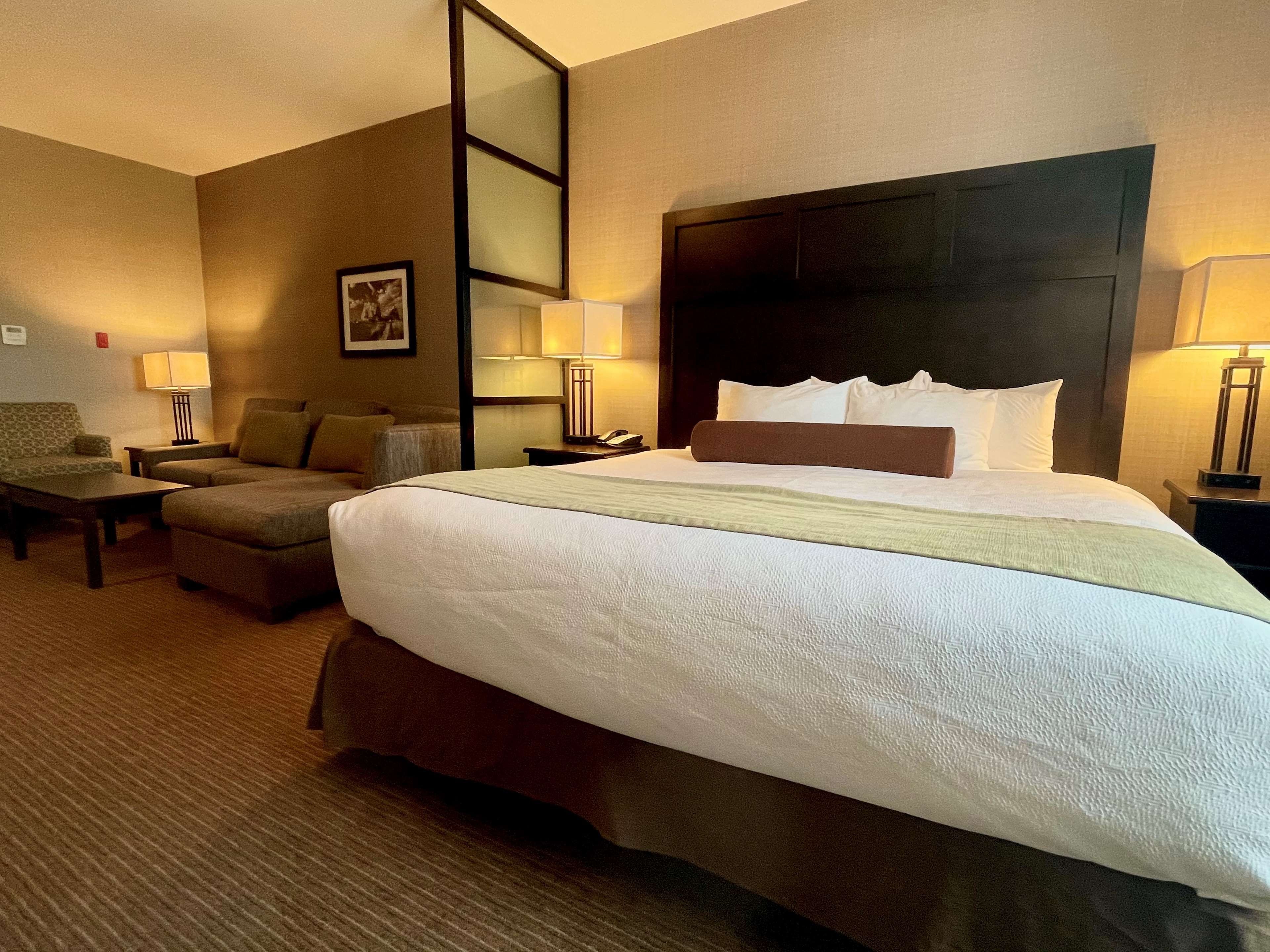 Une chambre d’hôtel avec un grand lit, un canapé, un bureau et deux lampes.
