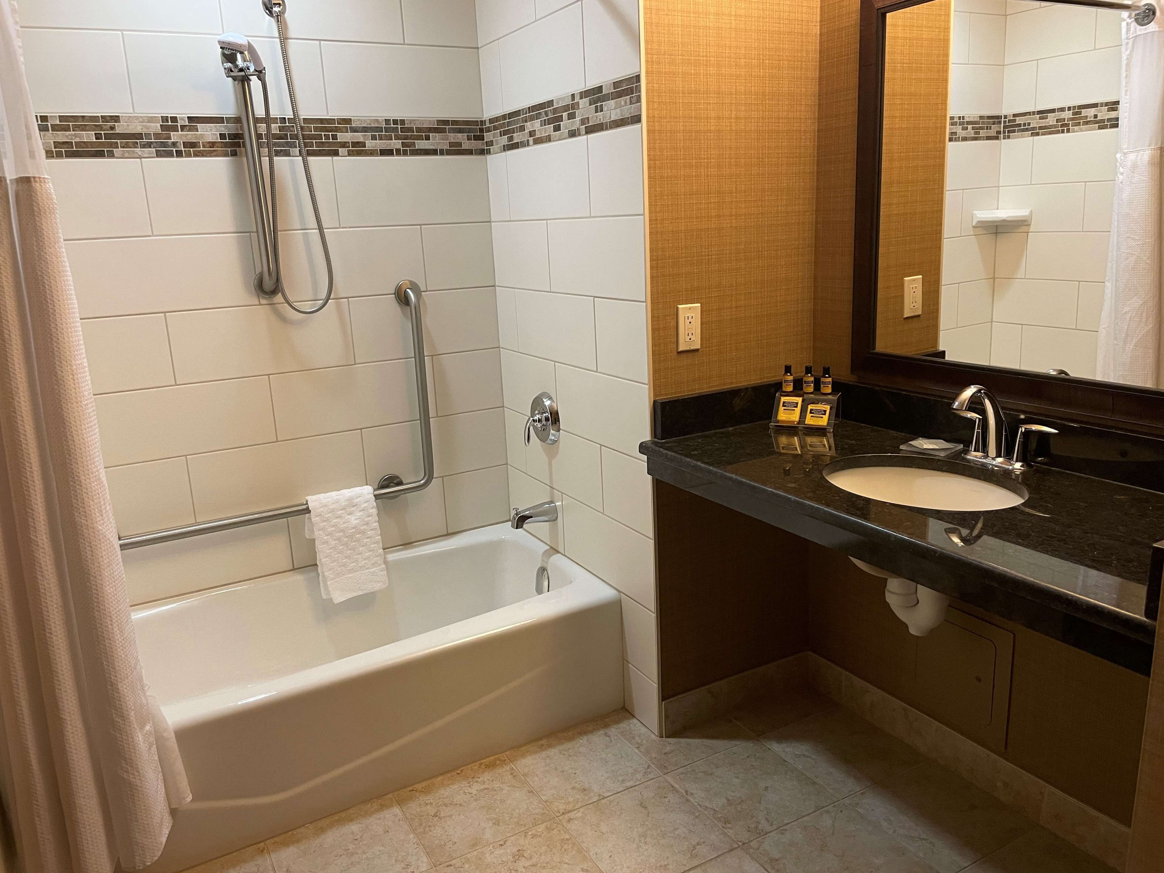 standard room, 1 king bed, accessible, bathtub | bathroom | combined shower/bathtub, free toiletries, hair dryer, towels