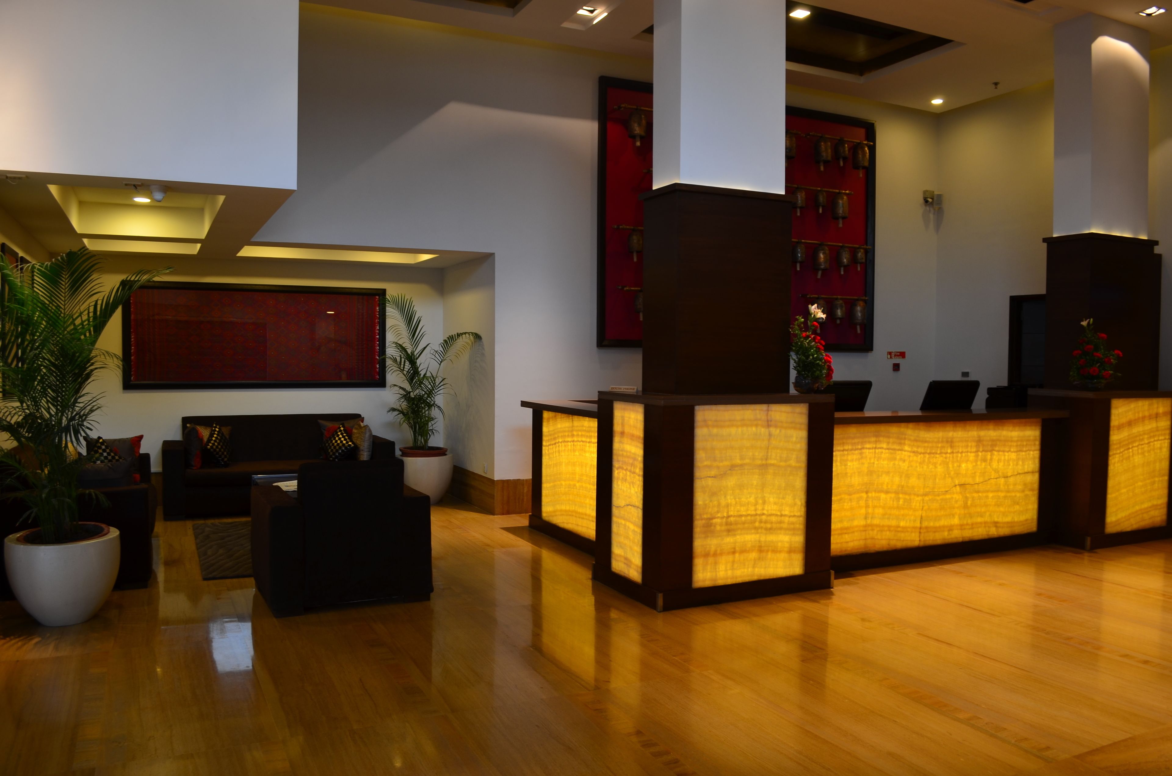 Un área de recepción con un mostrador de madera, un sofá y una planta en maceta.