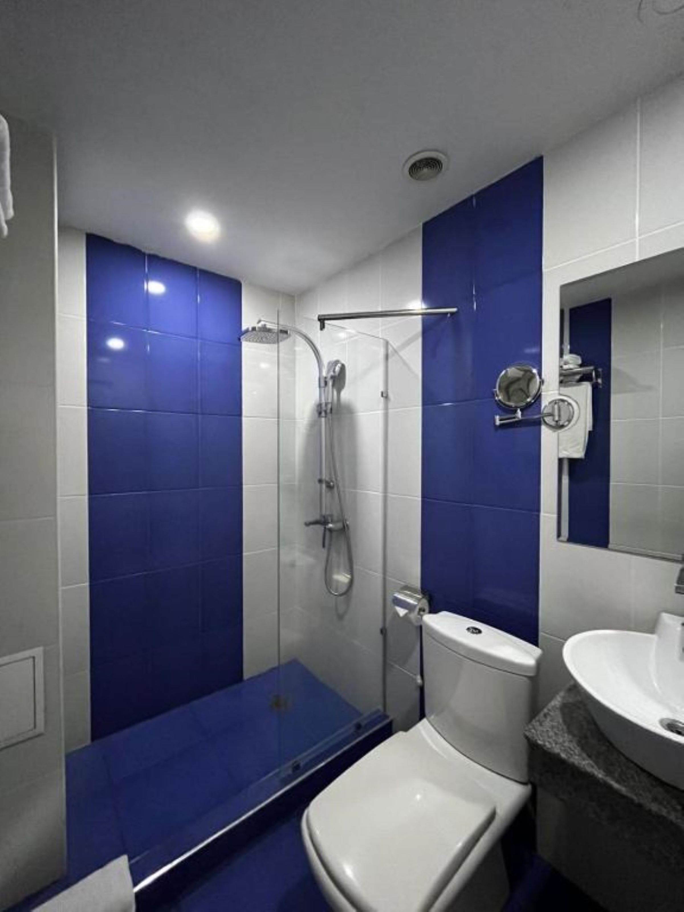 A bathroom with a shower, toilet, and sink.