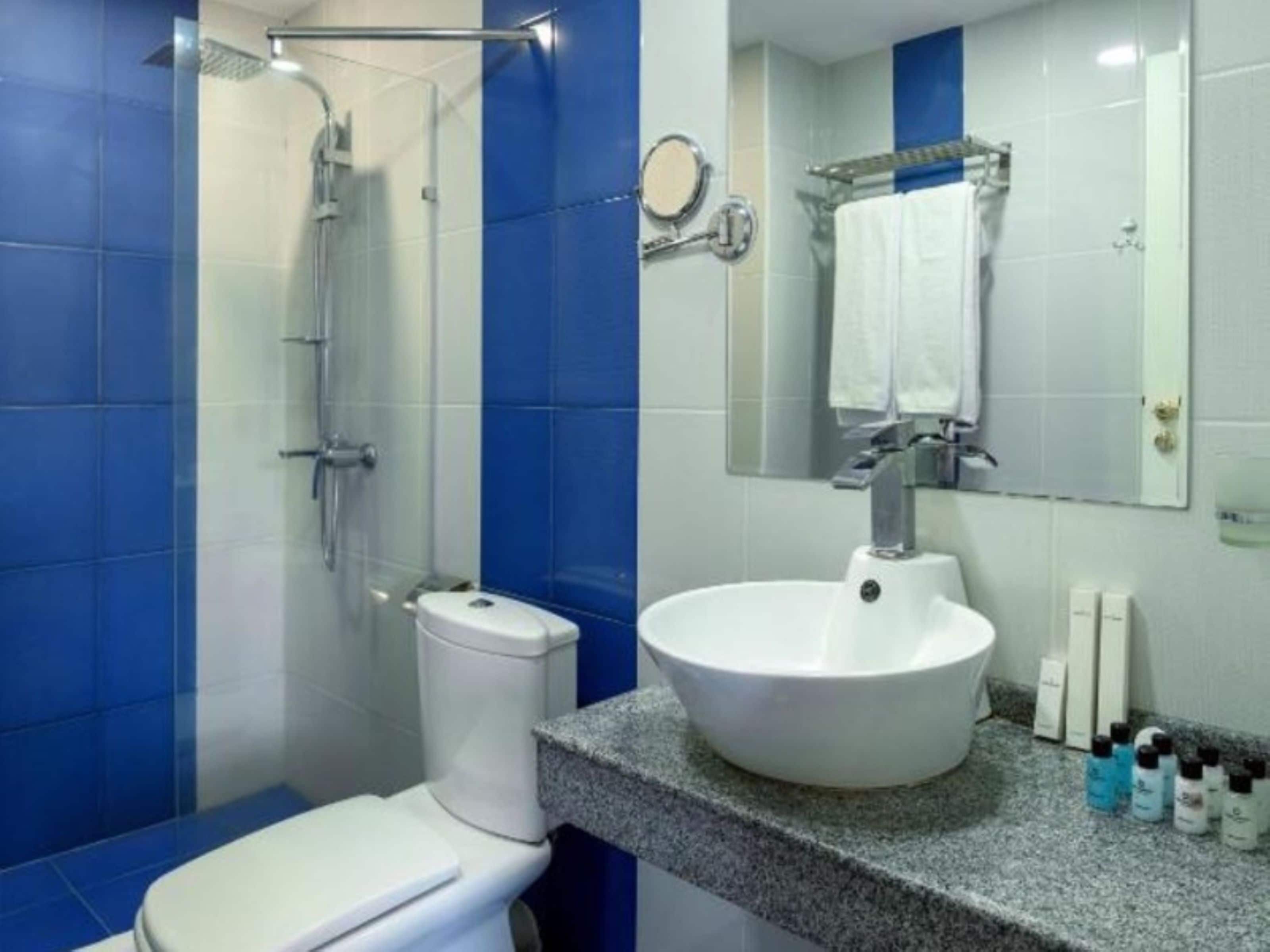 A bathroom with a white toilet, a shower, and a sink with toiletries.